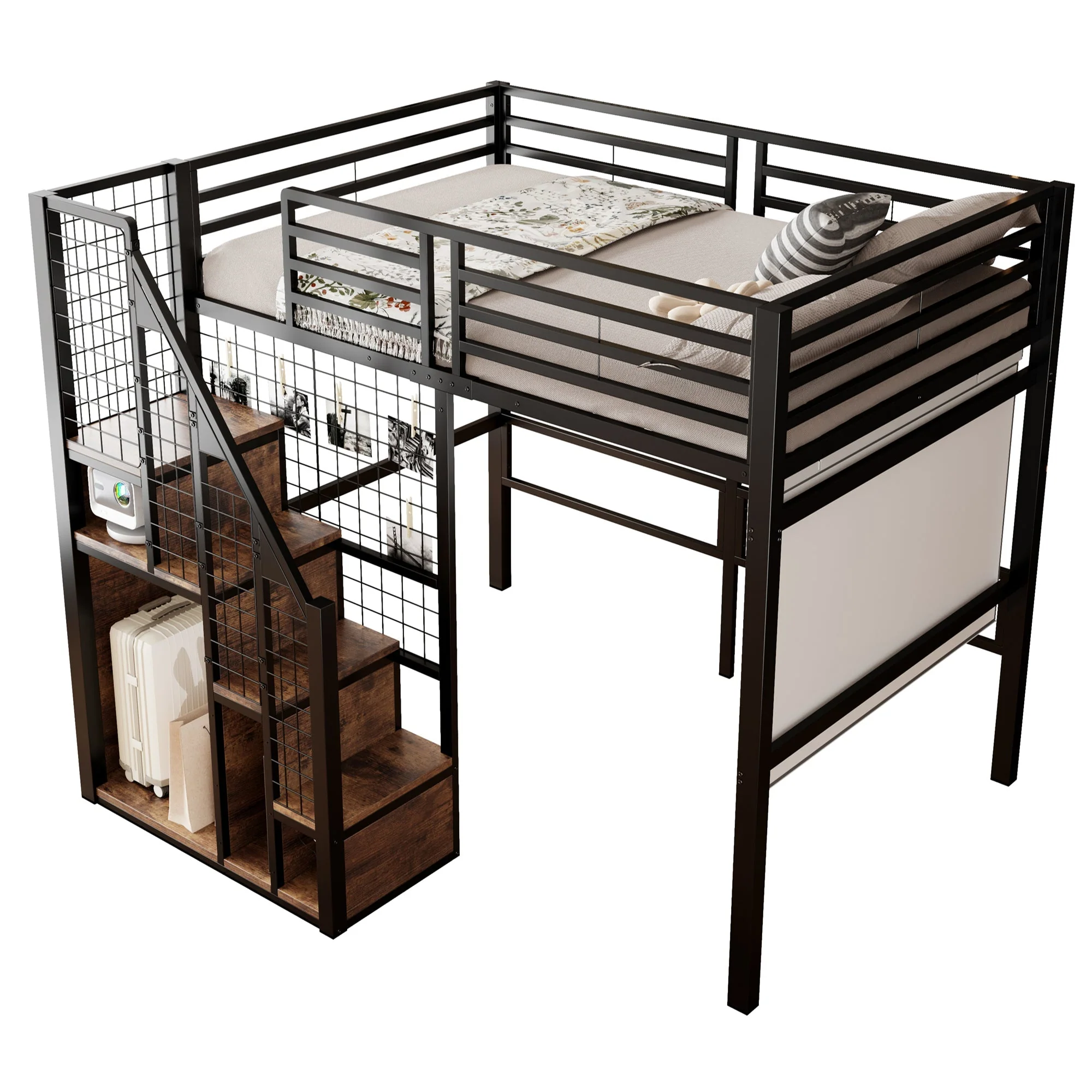Loft Bed 140x200cm with Safety Ladder Iron Frame Storage Area - Black - Image 4