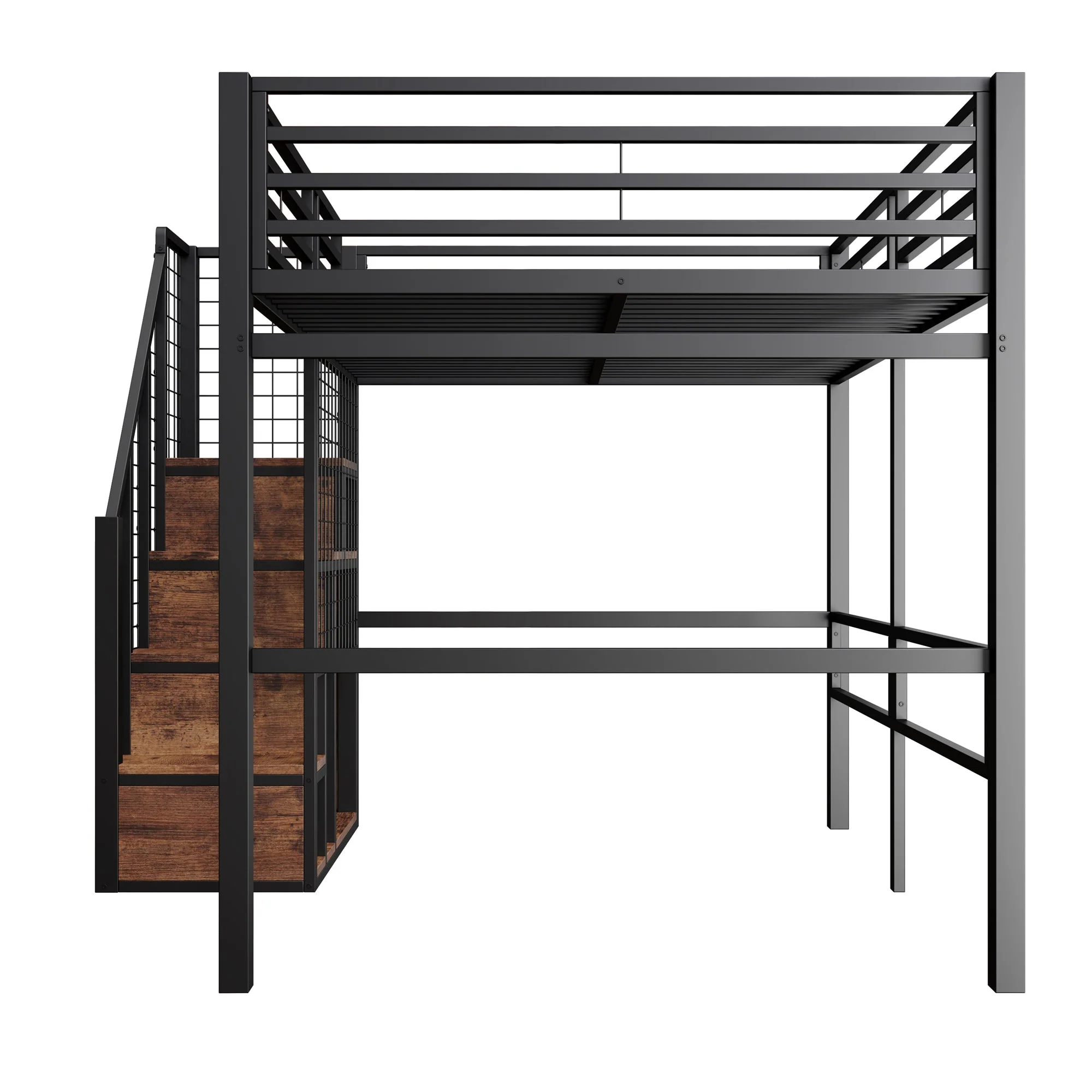 Loft Bed 140x200cm with Safety Ladder Iron Frame Storage Area - Black - Image 6