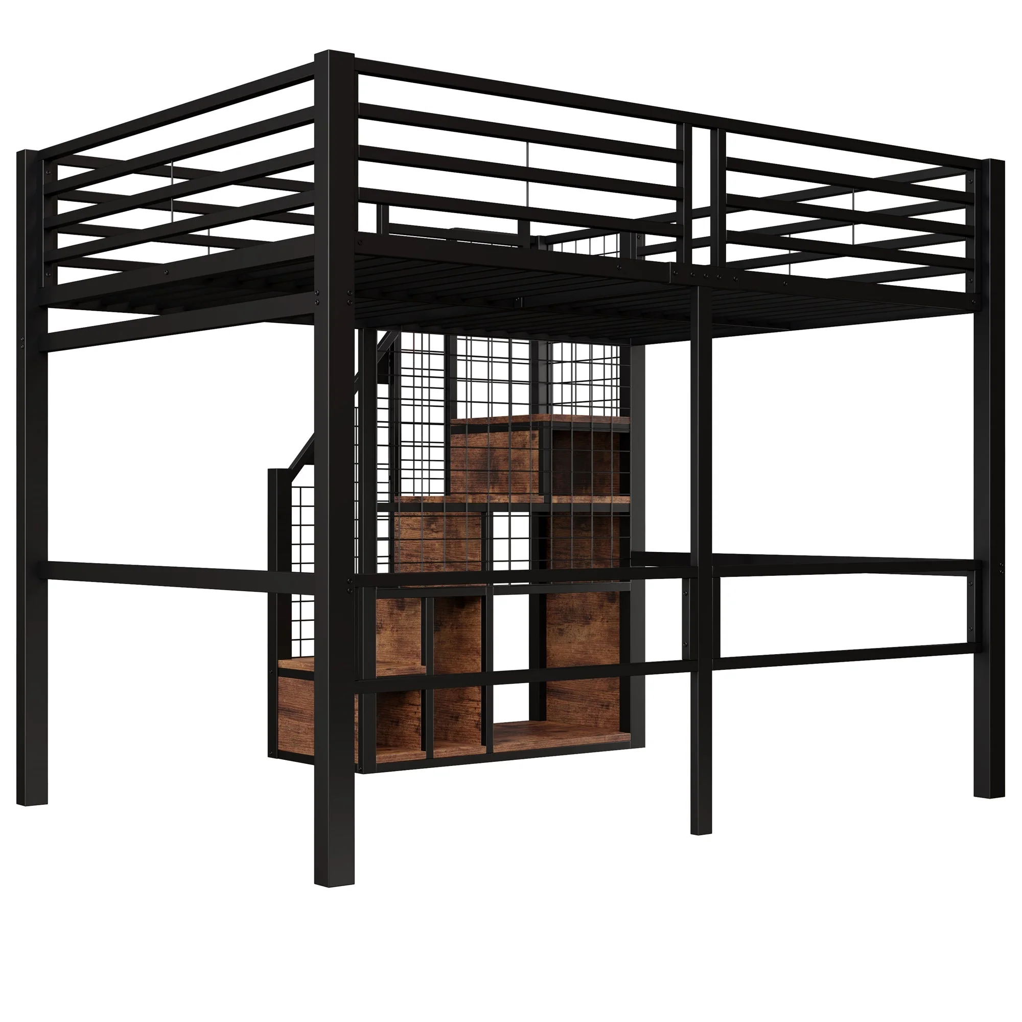Loft Bed 140x200cm with Safety Ladder Iron Frame Storage Area - Black - Image 7