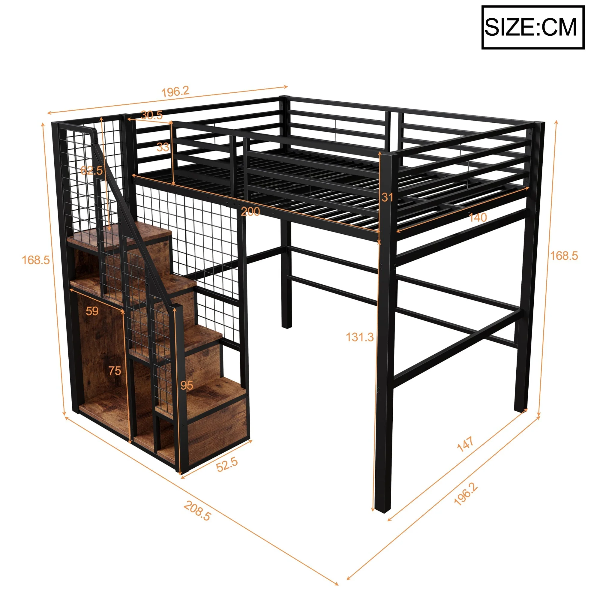 Loft Bed 140x200cm with Safety Ladder Iron Frame Storage Area - Black - Image 9