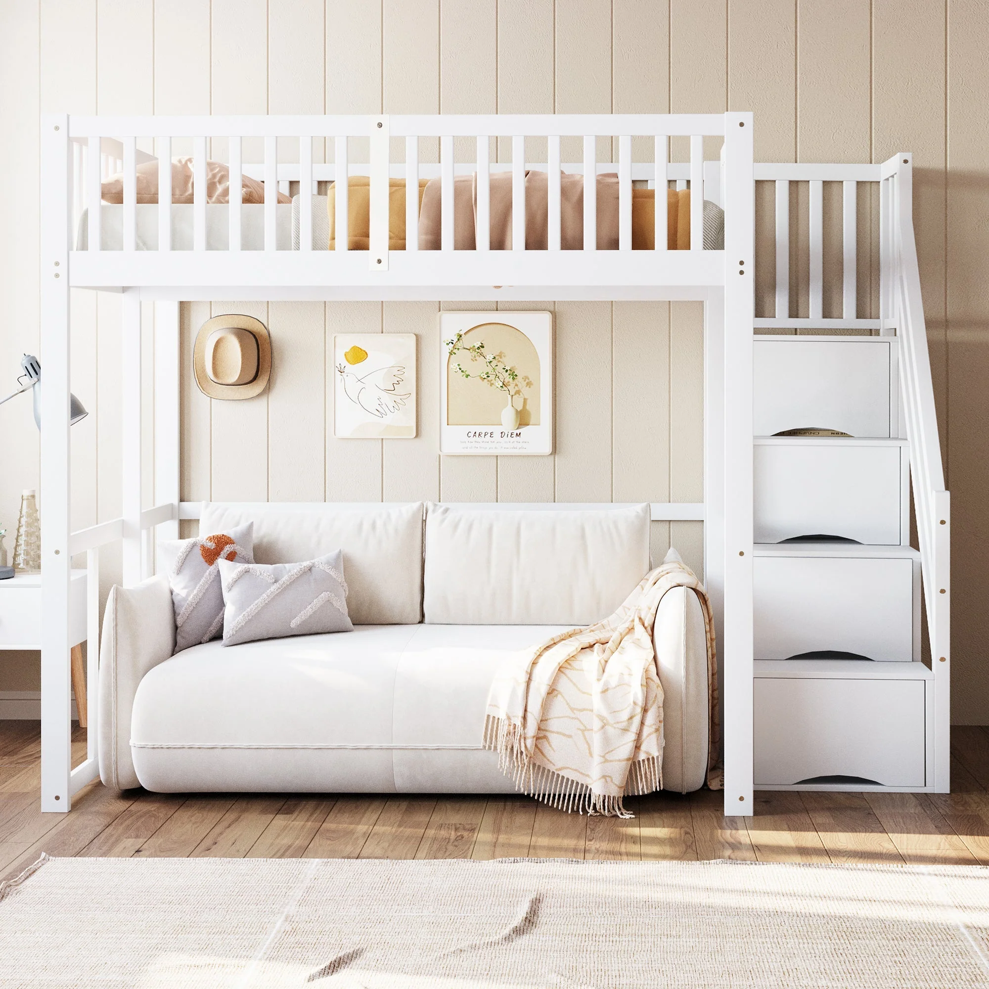 Loft Bed 140x200cm with Safety Storage Ladder and Railing, White Solid Pine Wood - Image 2