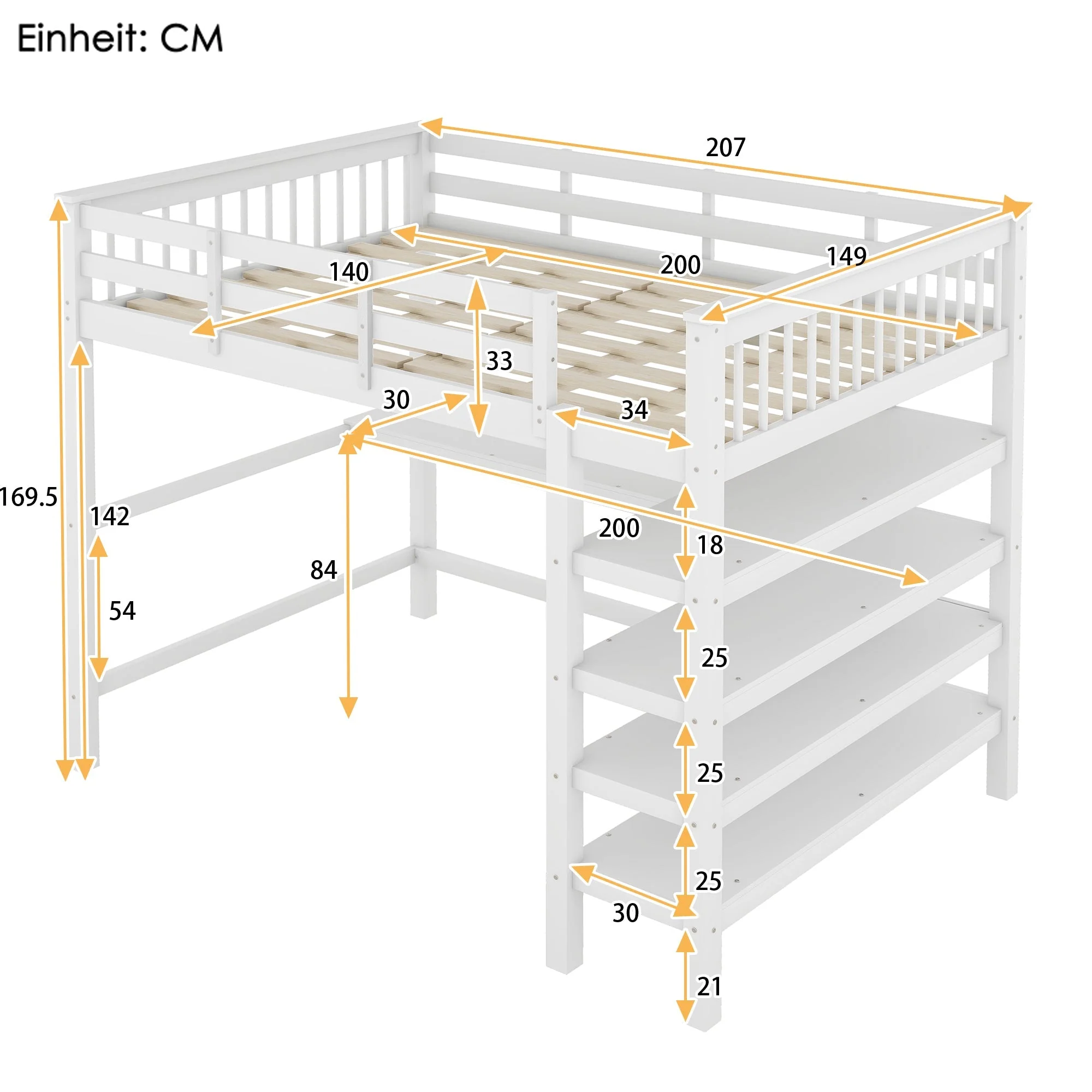 Loft Bed 140x200cm with Storage and Under-bed Desk - White - Image 6