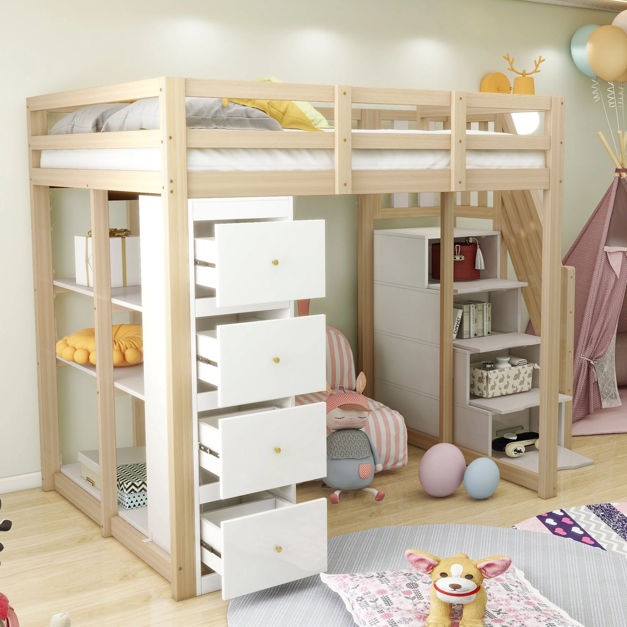 Loft Bed 140x200cm with Storage Drawers, Shelves, & Ladder, Solid Wood - Image 3