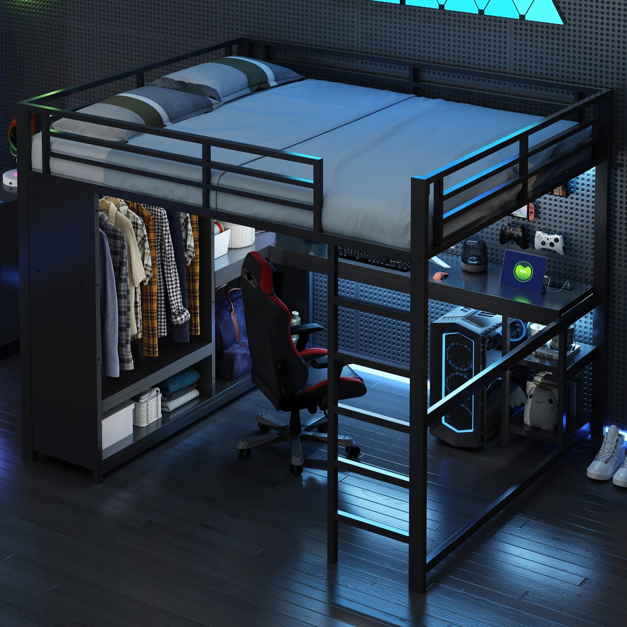 Loft Bed 160x200 Gaming Desk LED Storage Wardrobe - Black Metal - Image 2