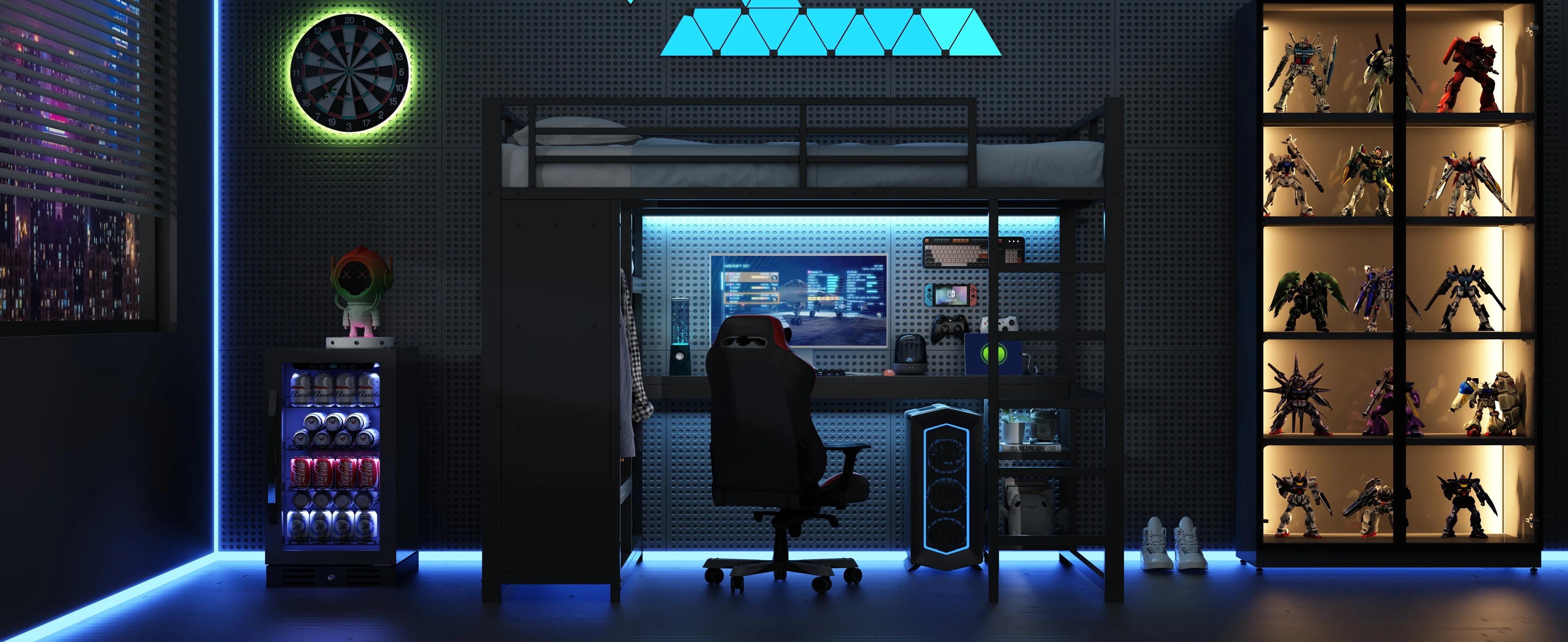 Loft Bed 160x200 Gaming Desk LED Storage Wardrobe - Black Metal - Image 9