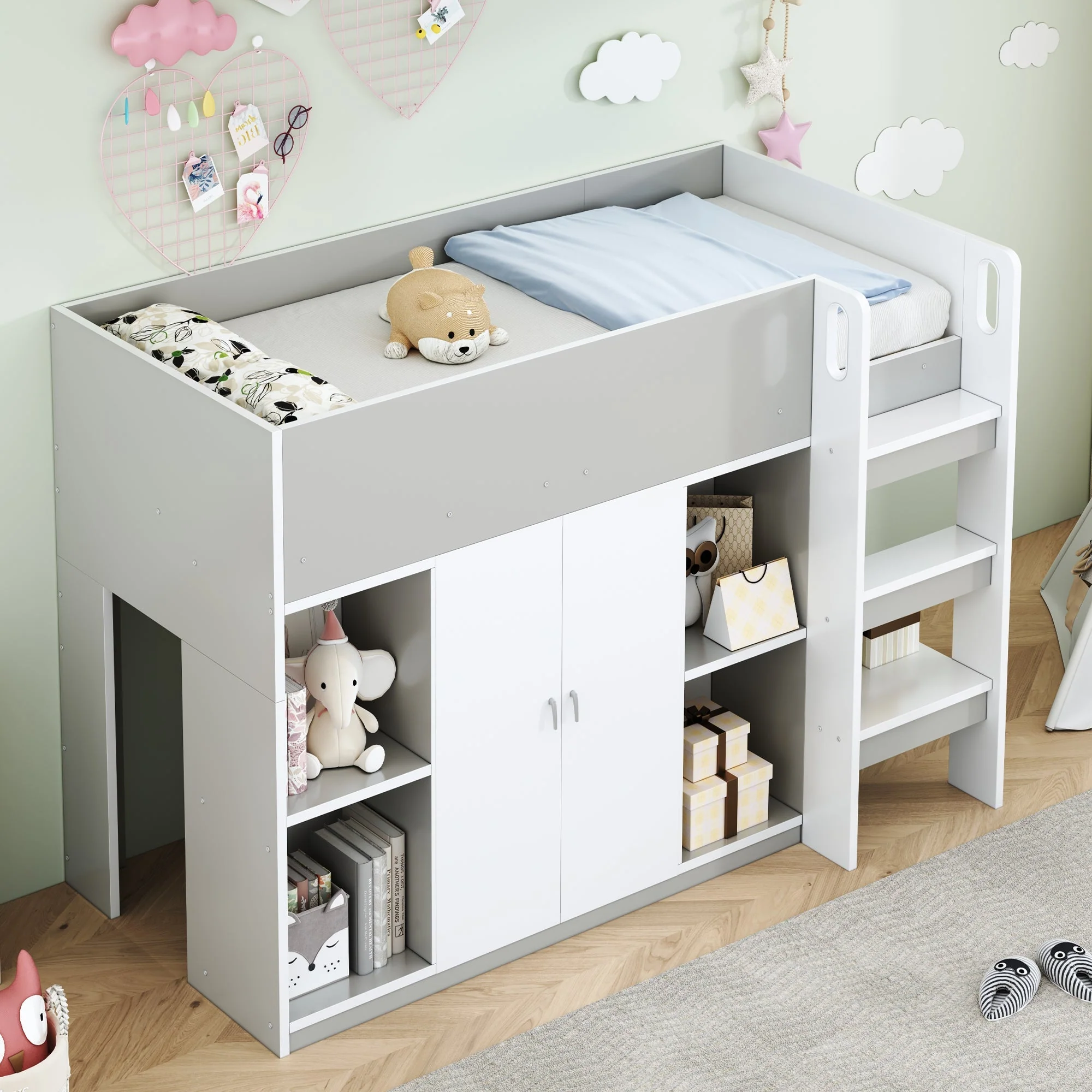 Loft Bed 90*200, Multifunctional with Storage, Wardrobe, Shelves, Ladder, Gray