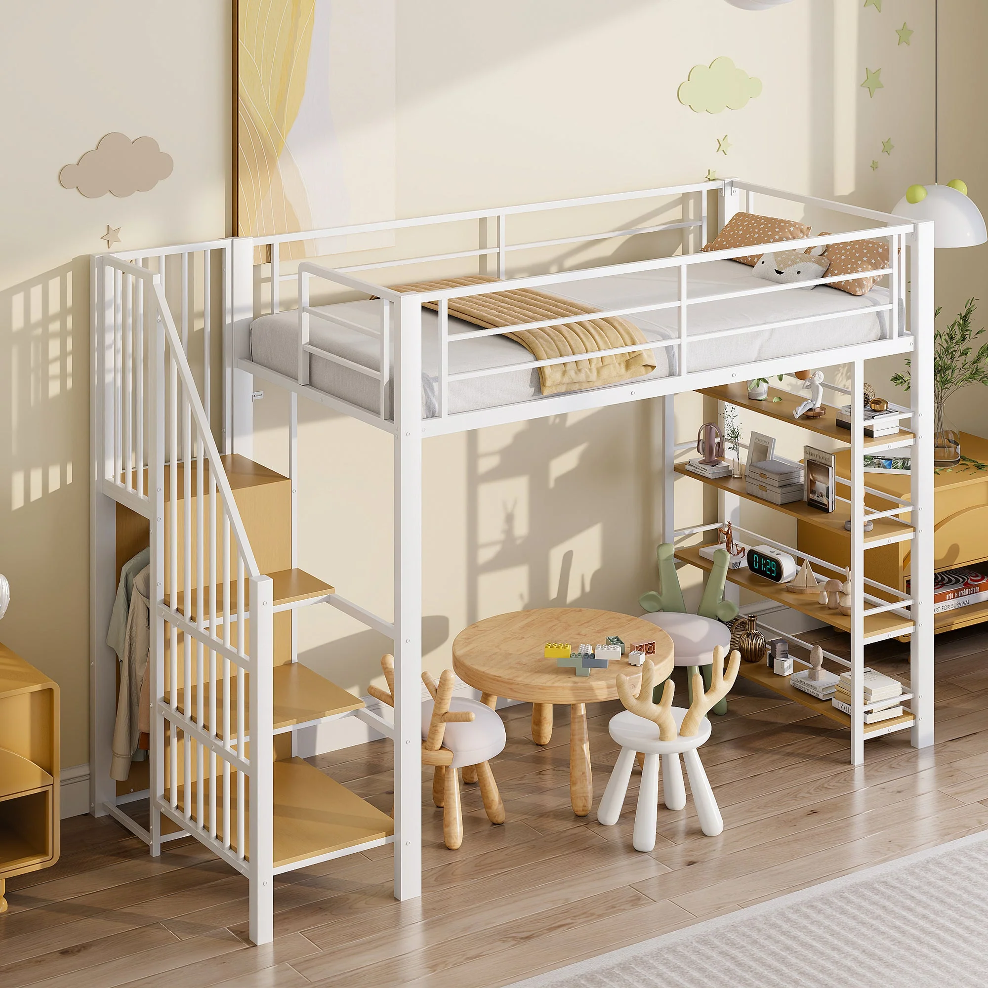 Loft Bed 90*200, Safety Stairs, Storage & Wardrobe, White - Image 2