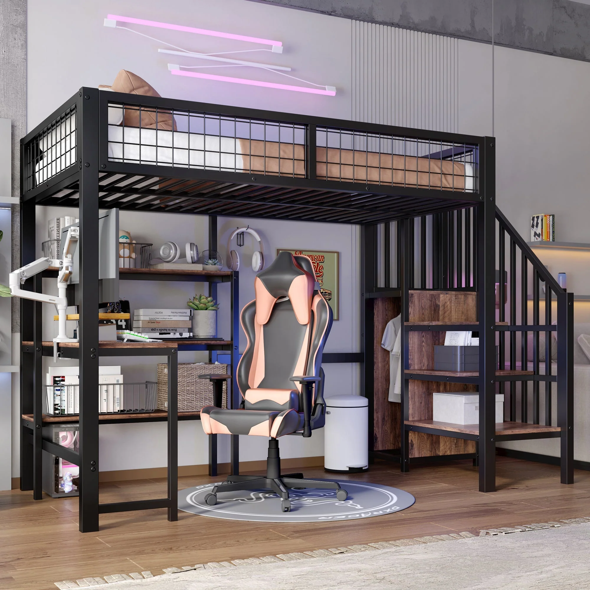 Loft Bed 90*200cm with Desk, Wardrobe and Storage Shelves, Black Iron and MDF - Image 2