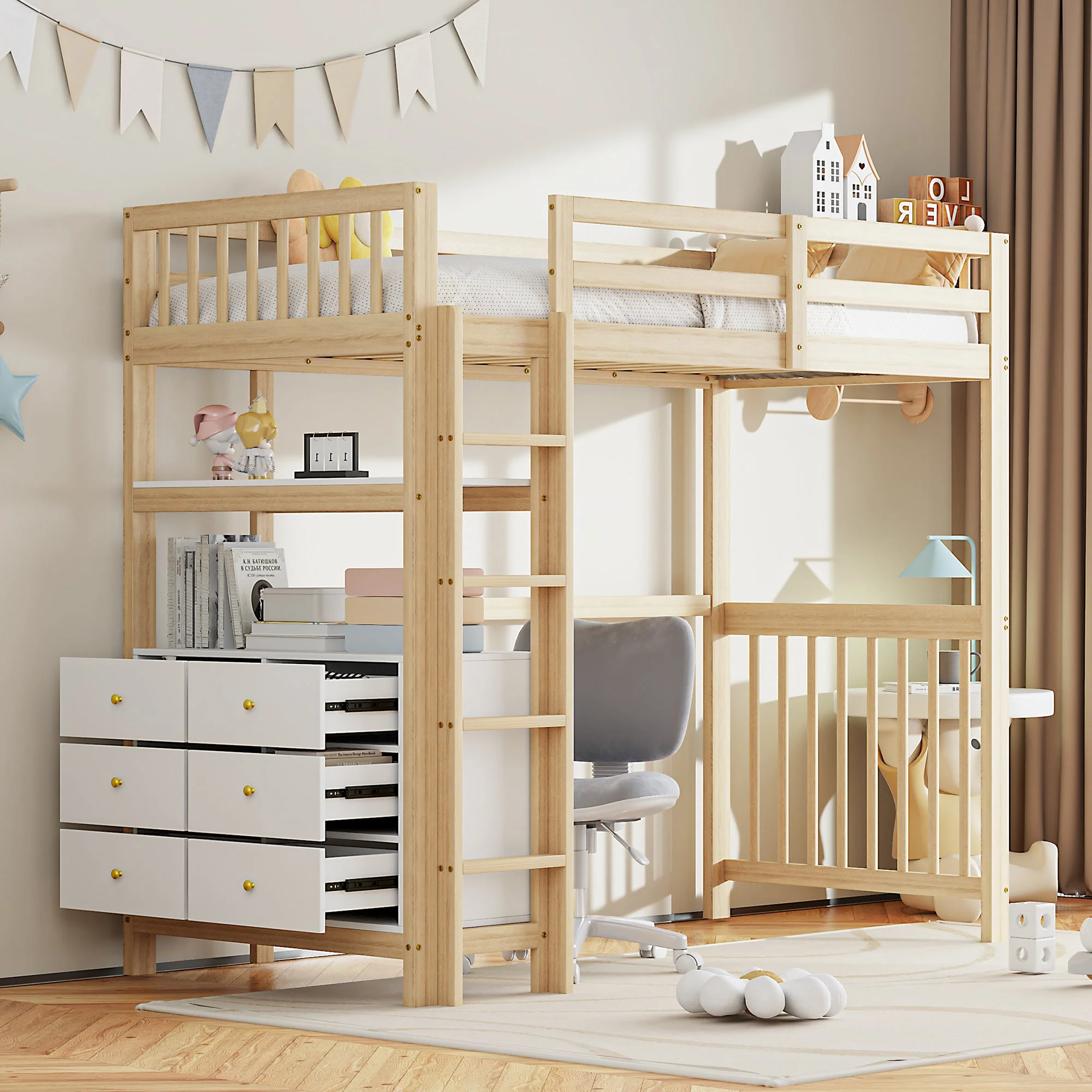 Loft Bed 90*200cm with Ladder, Drawers, Shelves, Pinewood, White & Wood