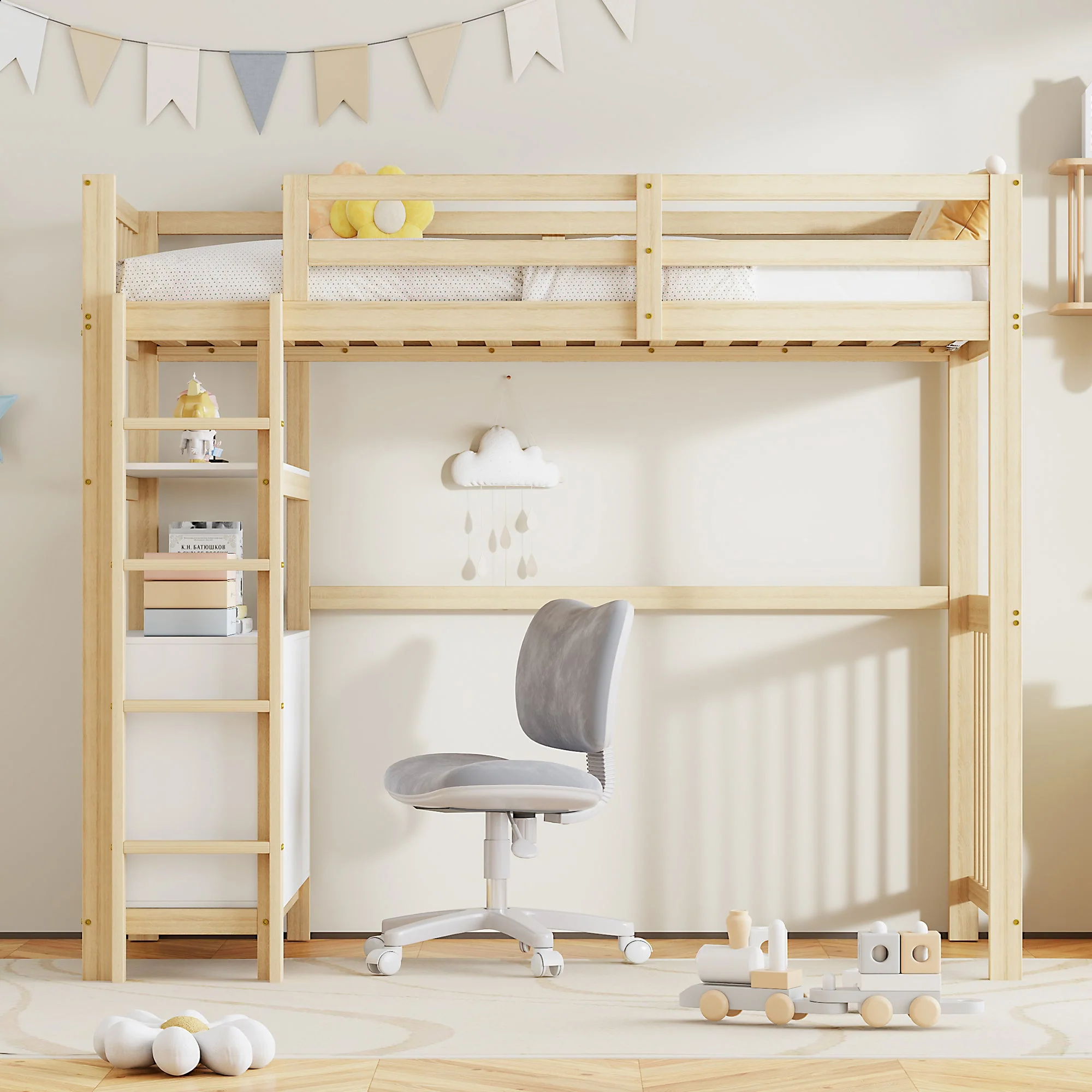 Loft Bed 90*200cm with Ladder, Drawers, Shelves, Pinewood, White & Wood - Image 3