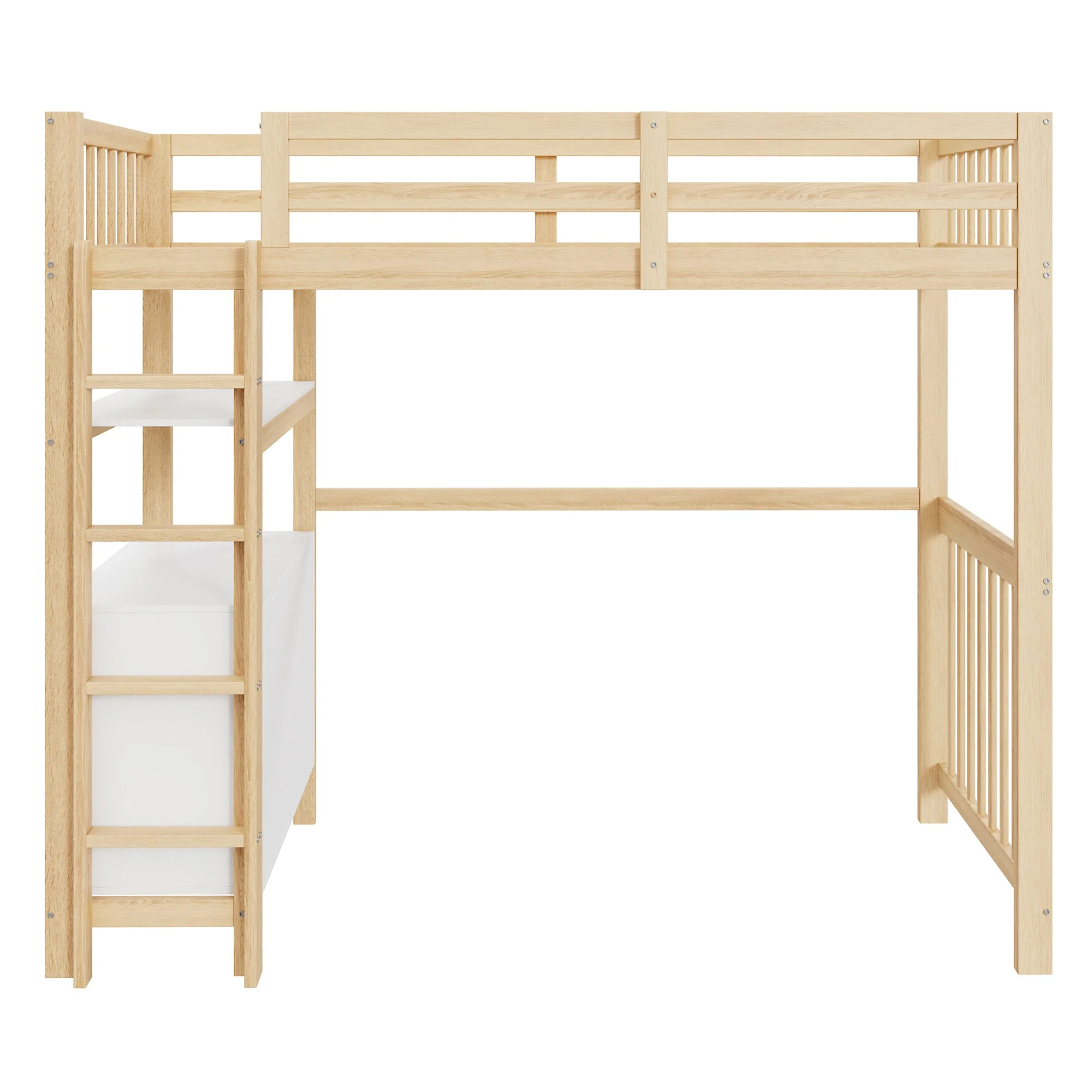 Loft Bed 90*200cm with Ladder, Drawers, Shelves, Pinewood, White & Wood - Image 6