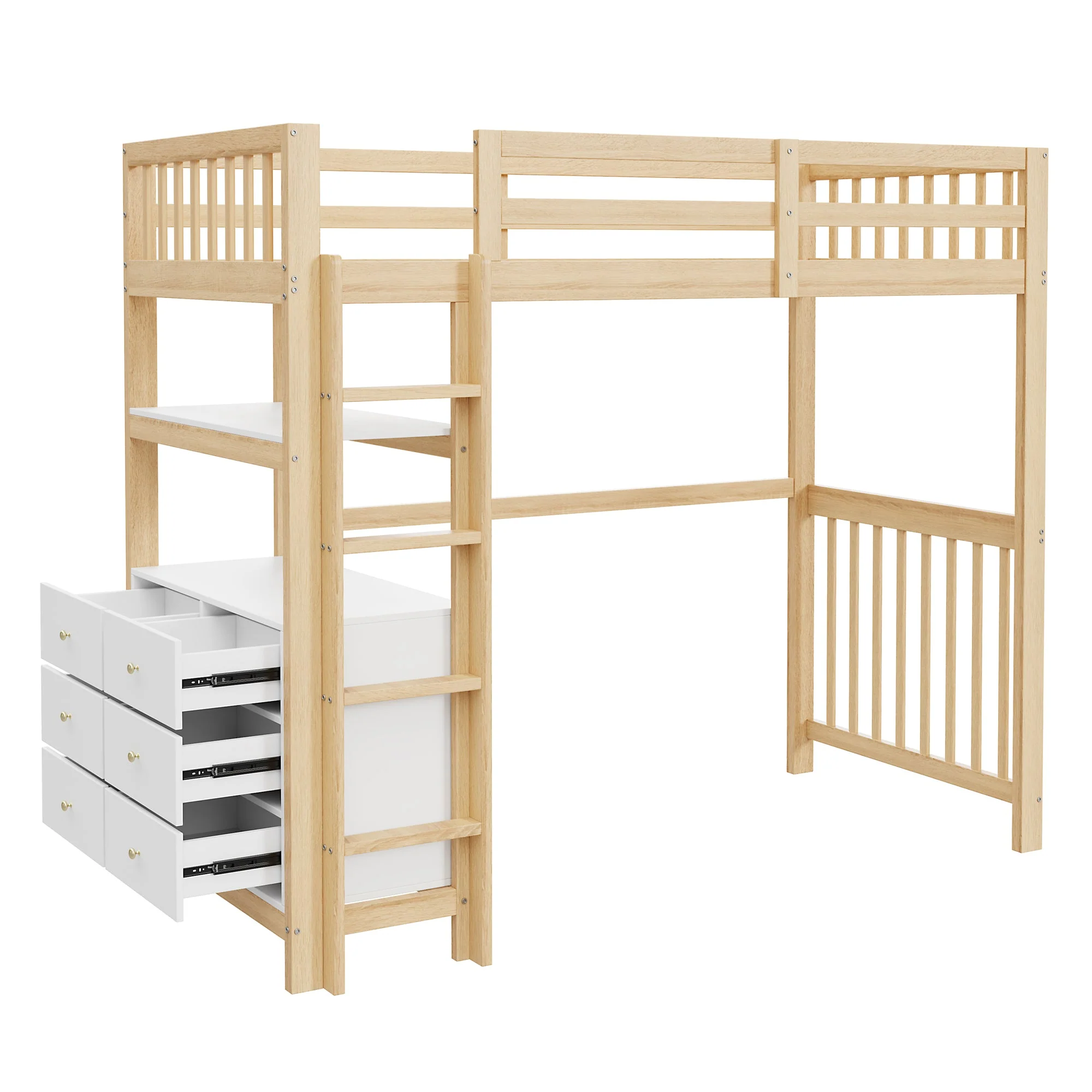 Loft Bed 90*200cm with Ladder, Drawers, Shelves, Pinewood, White & Wood - Image 8