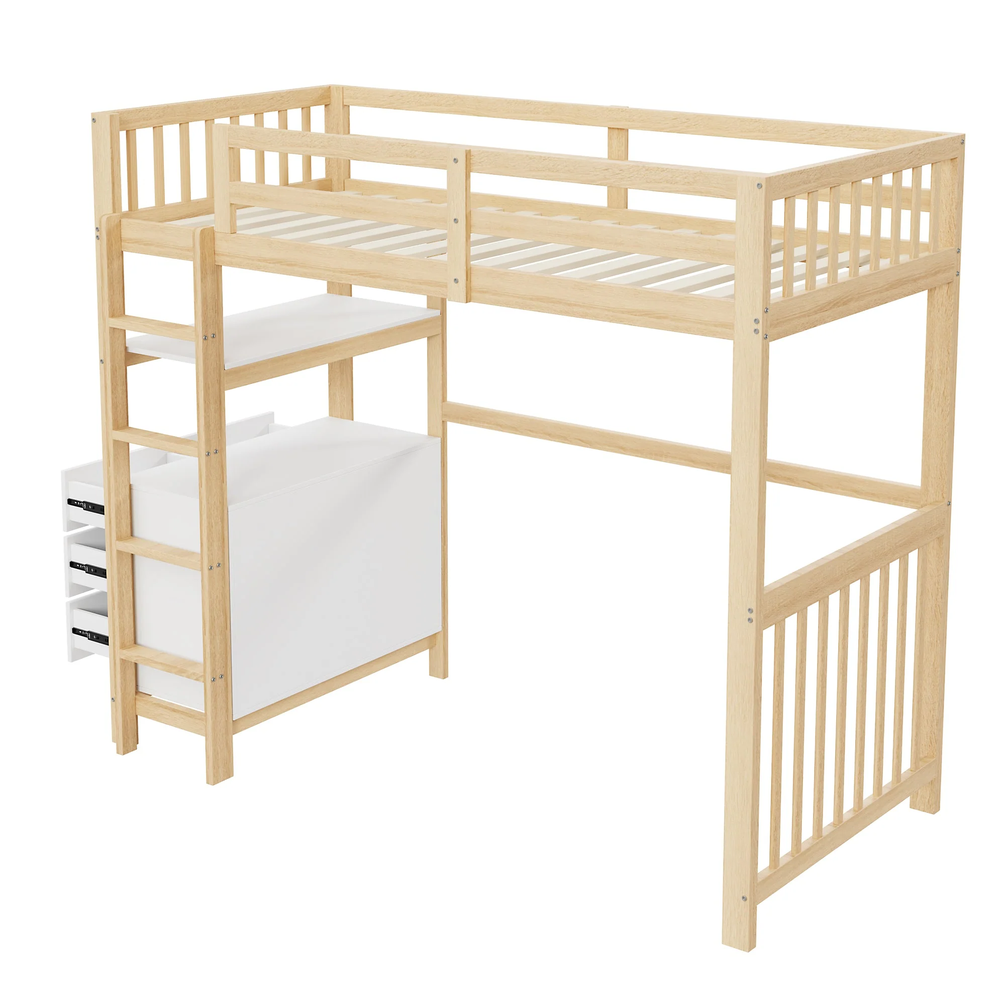 Loft Bed 90*200cm with Ladder, Drawers, Shelves, Pinewood, White & Wood - Image 9