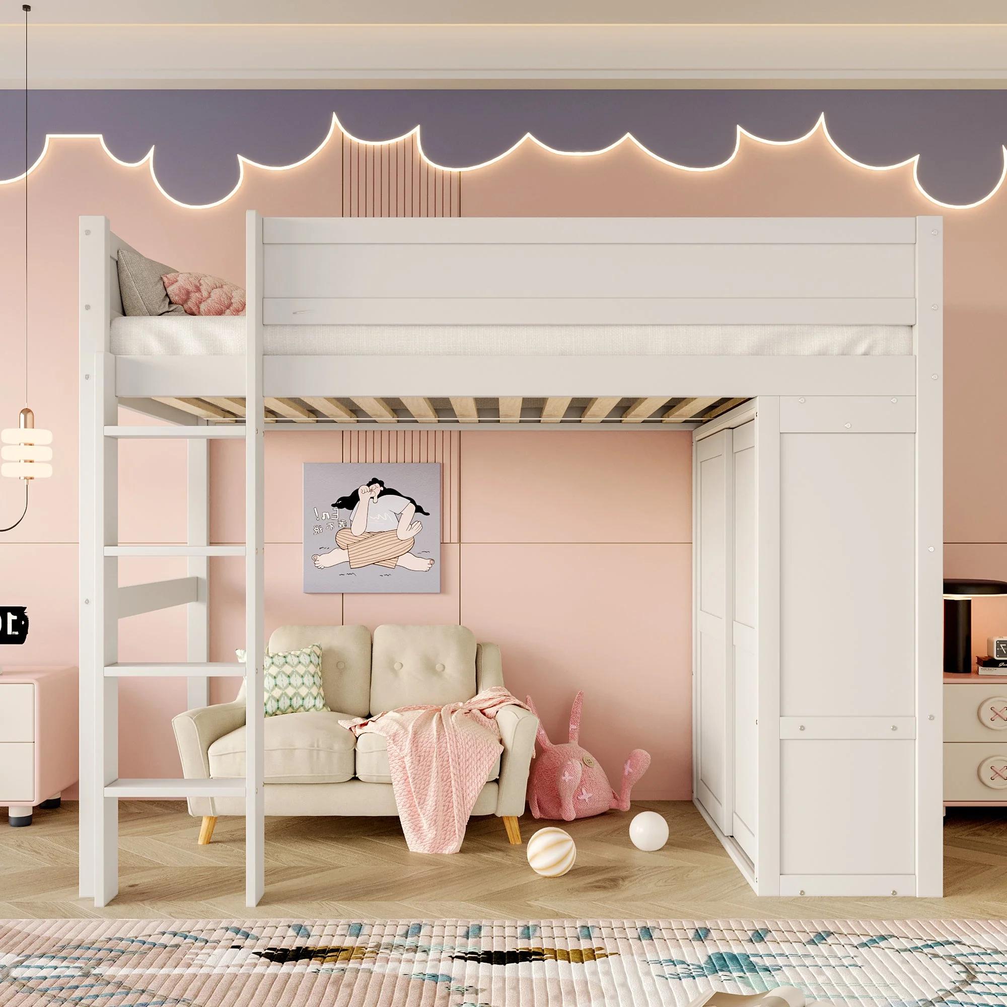 Loft Bed 90*200cm with Wardrobe, Storage, Open Space, Pine Wood, White - Image 2