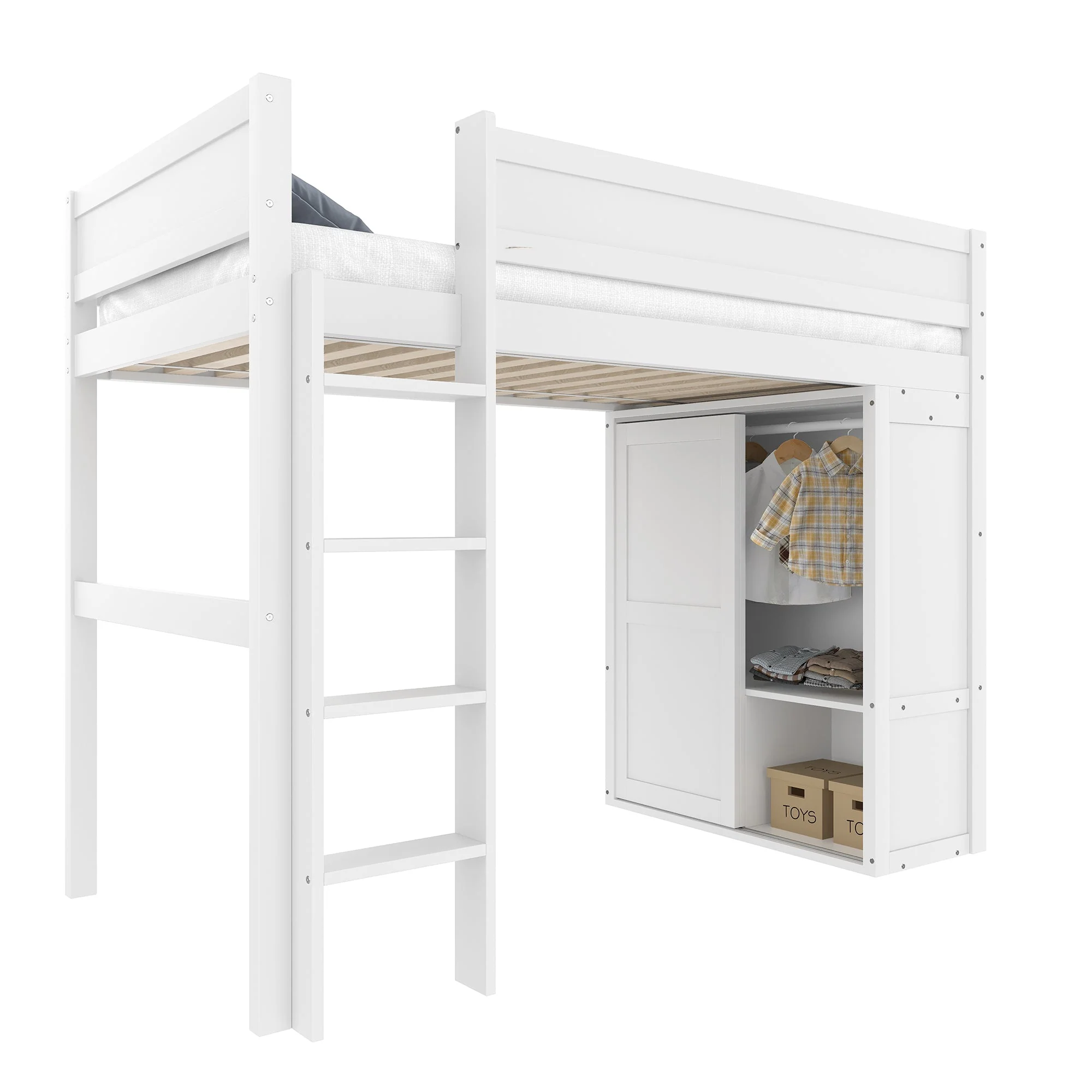Loft Bed 90*200cm with Wardrobe, Storage, Open Space, Pine Wood, White - Image 5