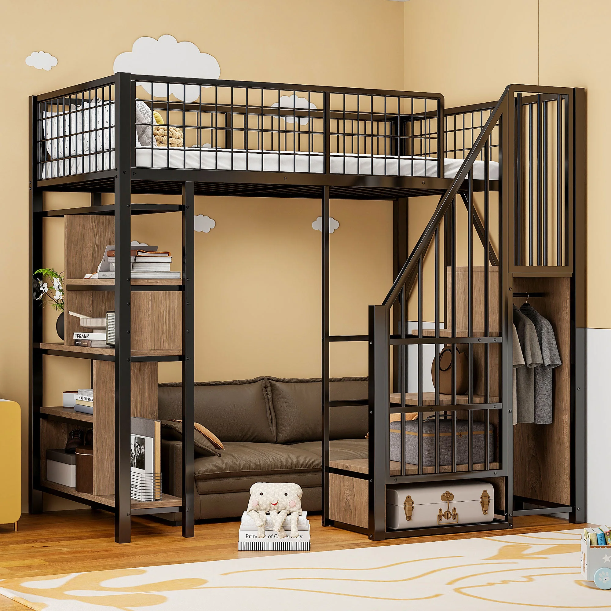 Loft Bed, 90 x 200 cm, Storage, Shelves & Stairs, Metal Black - Image 2