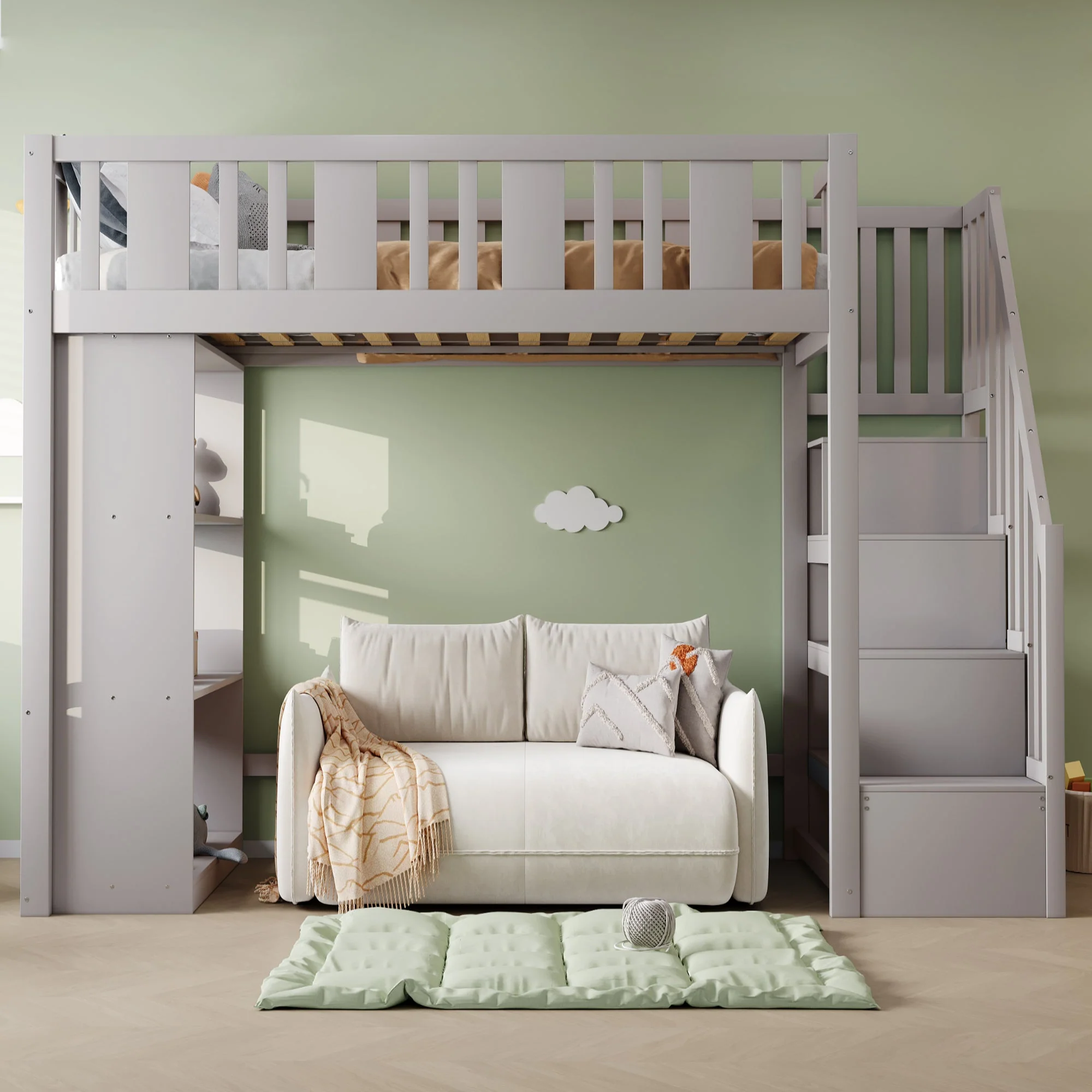 Loft Bed, 90 x 200 cm, Storage Stairs & Compartments, Wood, Grey - Image 3