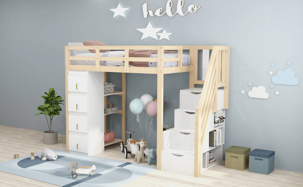Loft Bed, 90 x 200 cm with Storage & Ladder, Solid Wood - Image 4