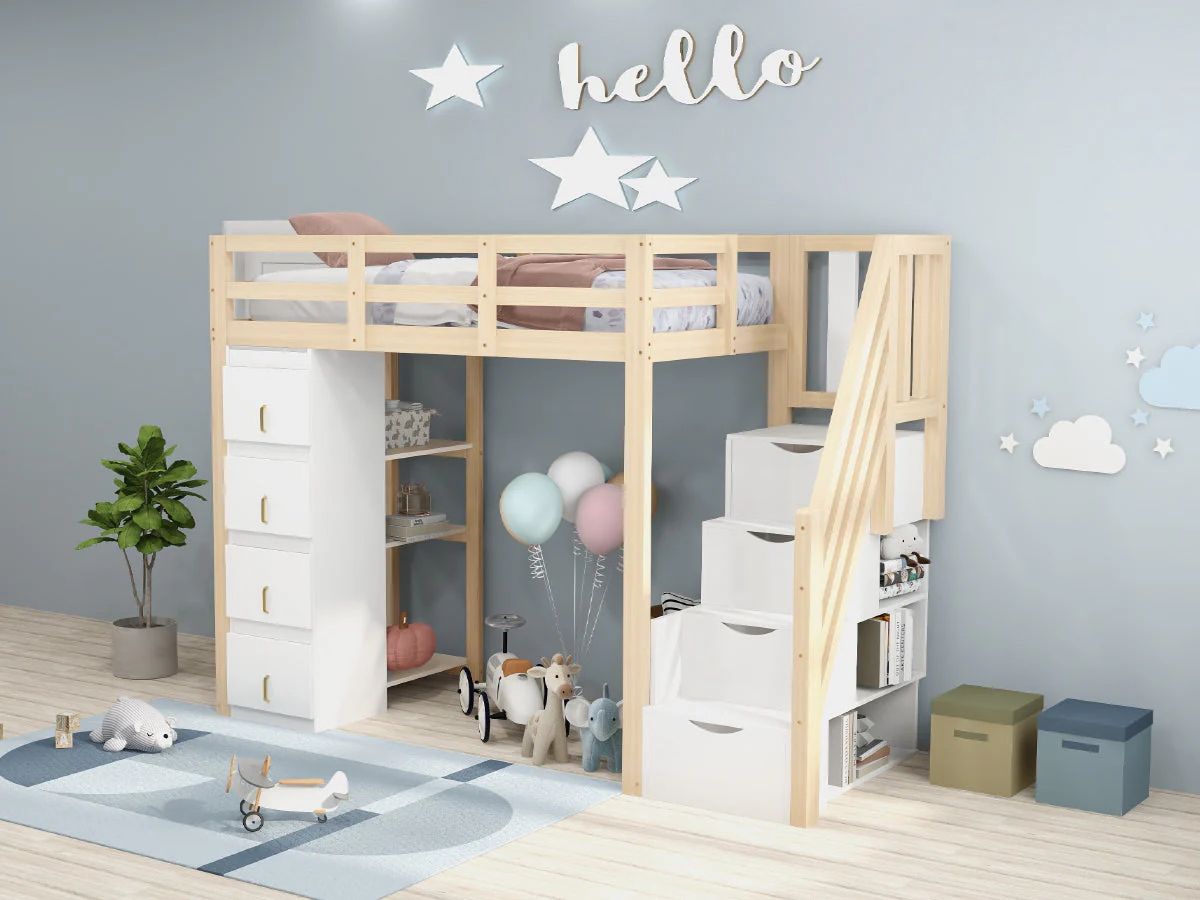 Loft Bed, 90 x 200 cm with Storage & Ladder, Solid Wood - Image 5