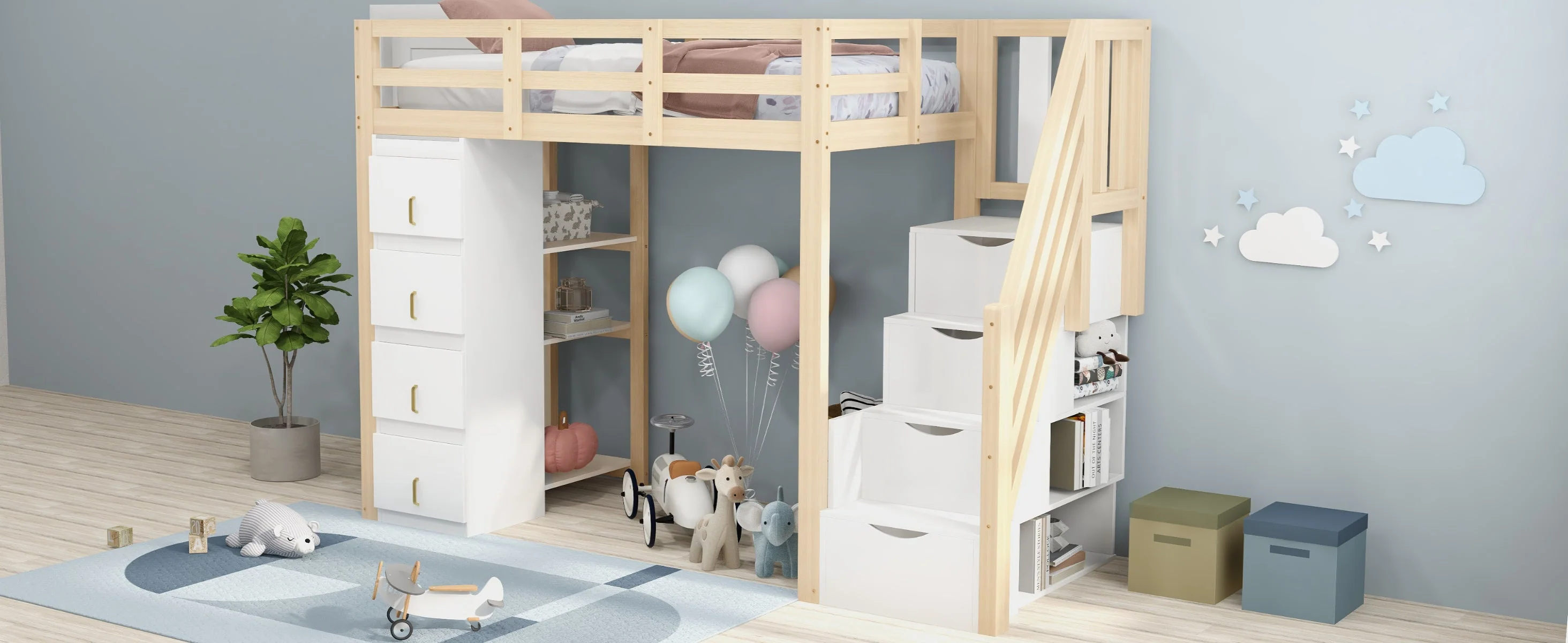 Loft Bed, 90 x 200 cm with Storage & Ladder, Solid Wood - Image 6