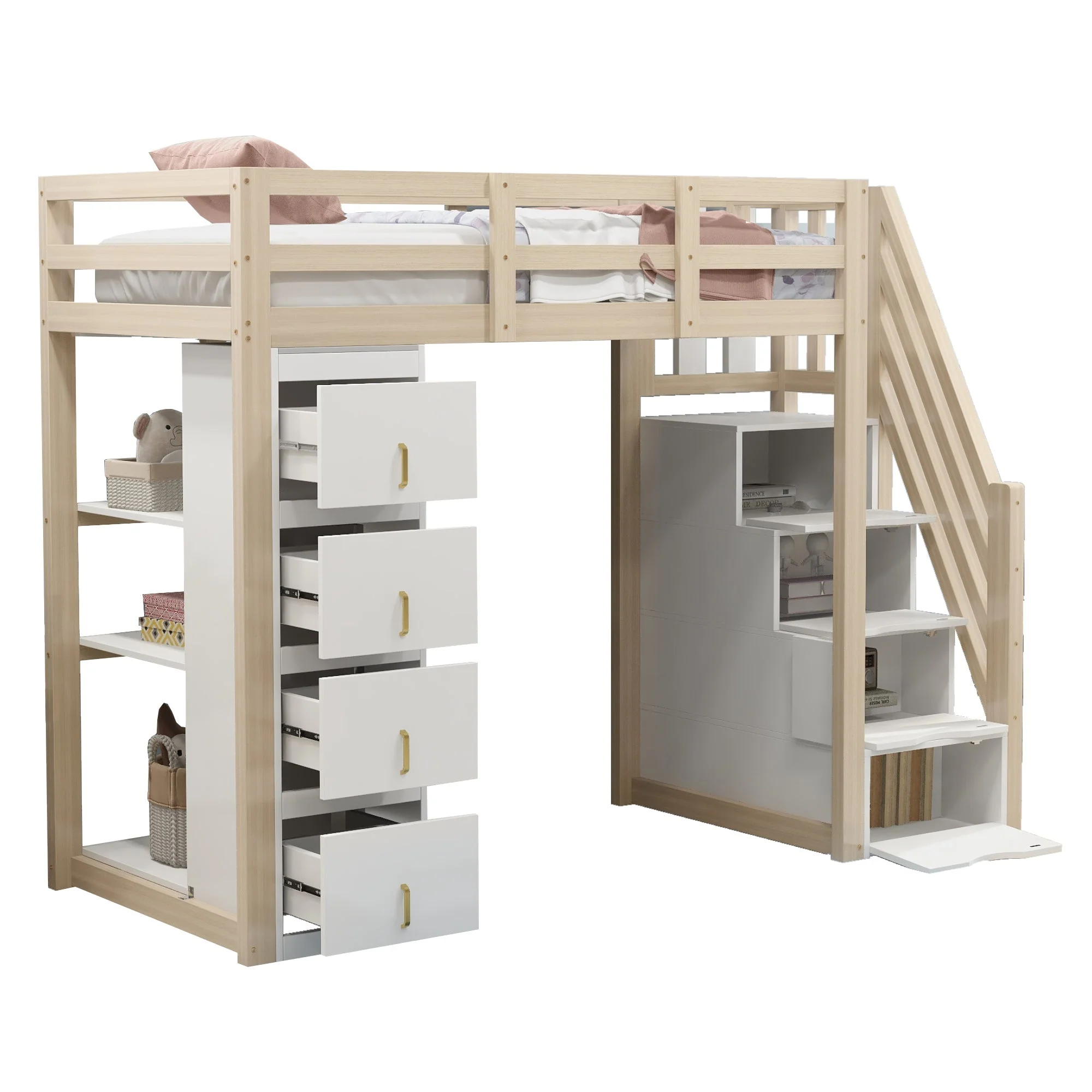 Loft Bed, 90 x 200 cm with Storage & Ladder, Solid Wood - Image 8