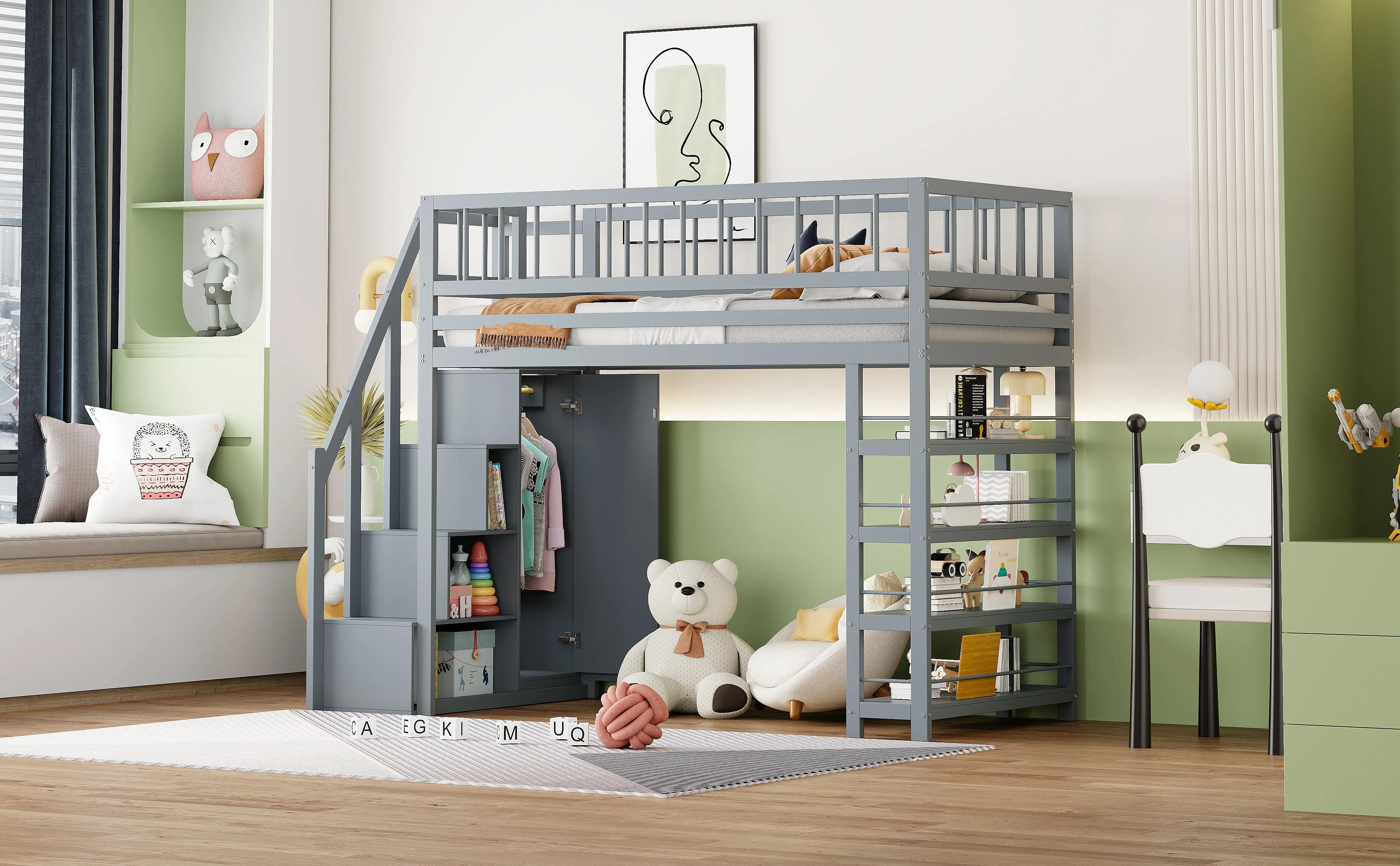 Loft Bed, 90 x 200, Wardrobe, Shelves, Storage, Safety Ladder, Solid Wood, Grey - Image 5
