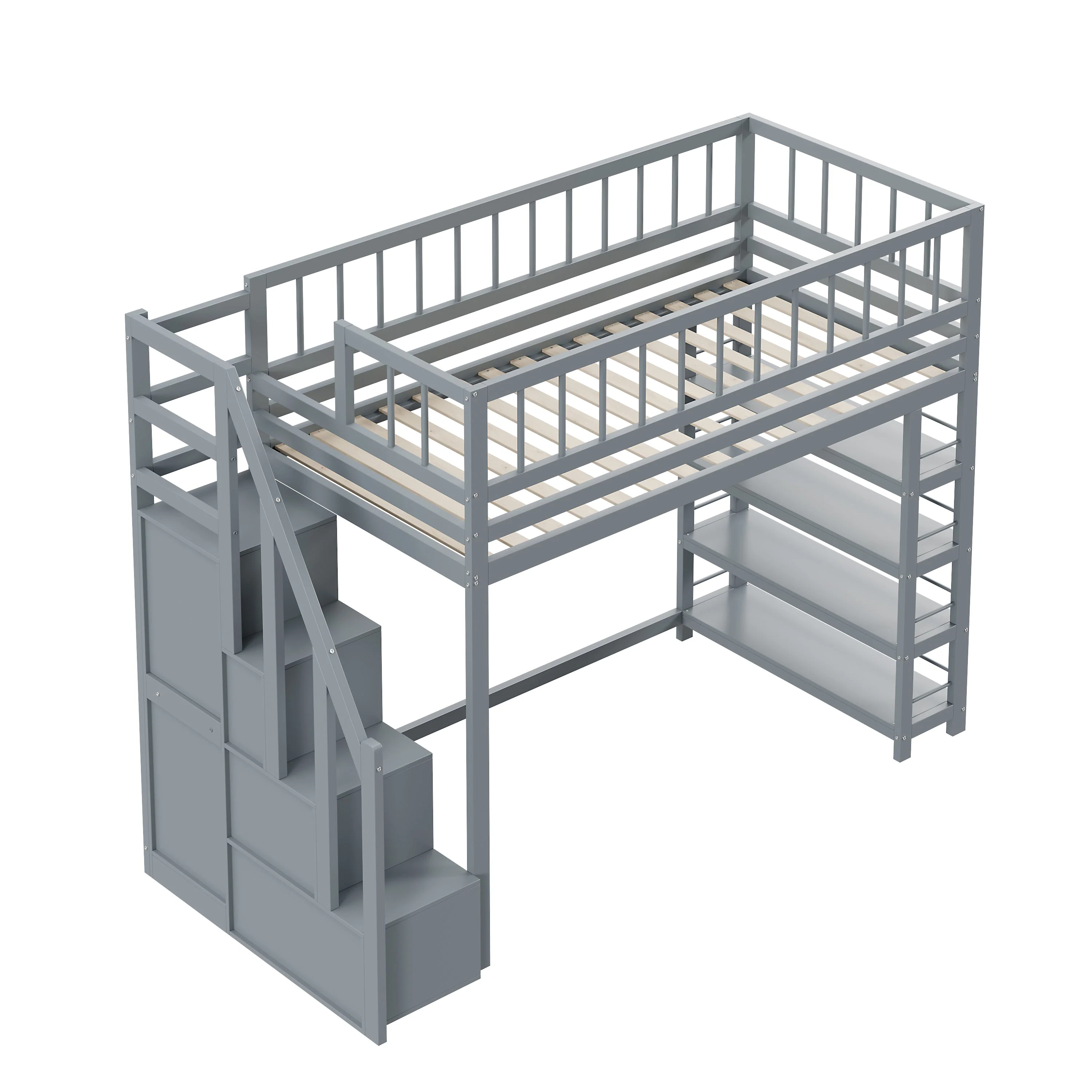 Loft Bed, 90 x 200, Wardrobe, Shelves, Storage, Safety Ladder, Solid Wood, Grey - Image 8