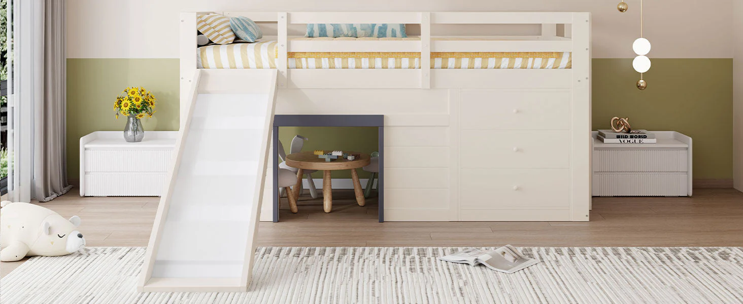 Loft Bed, 90 x 200 with Slide, 3 Drawers & 2 Doors, Cream - Image 10
