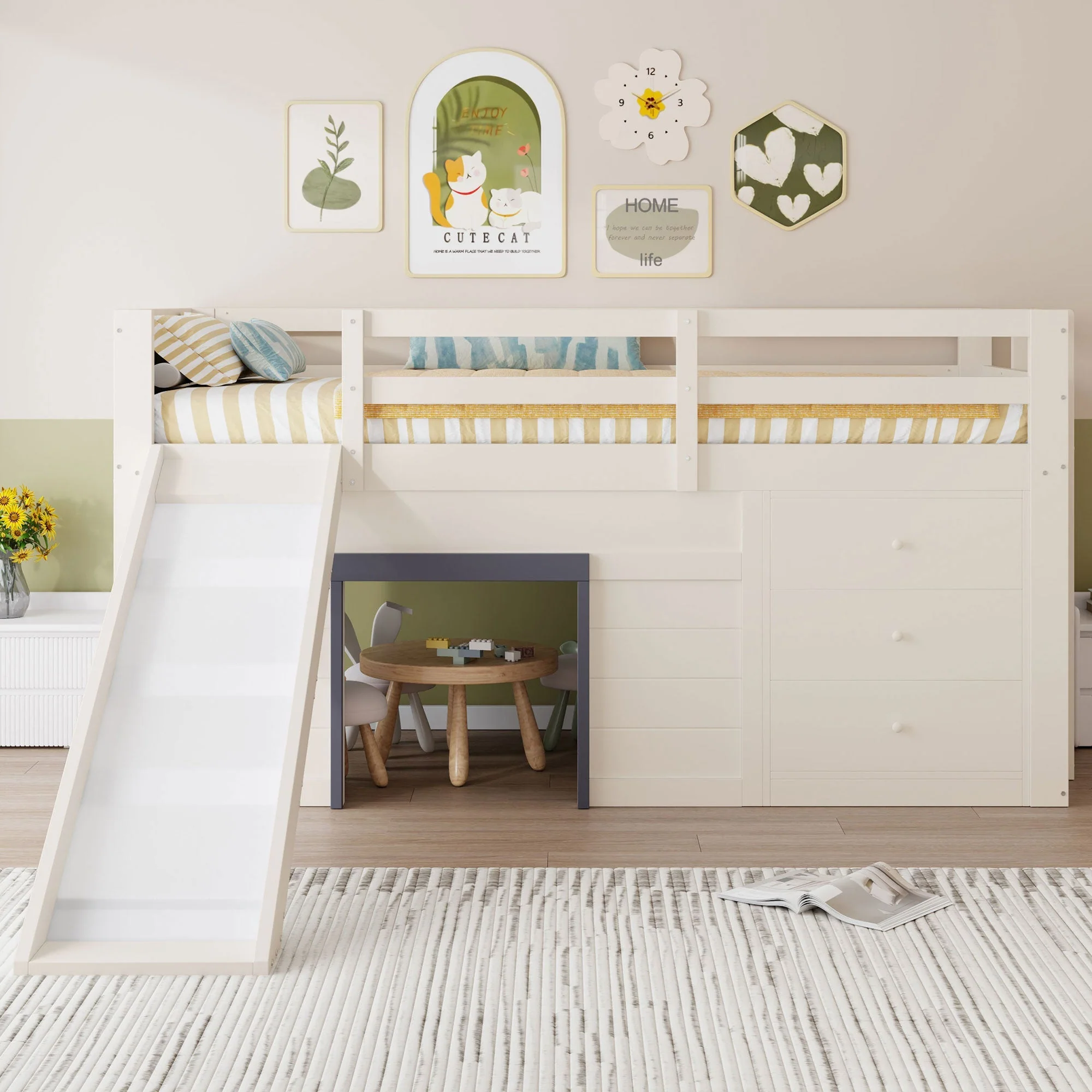 Loft Bed, 90 x 200 with Slide, 3 Drawers & 2 Doors, Cream - Image 3