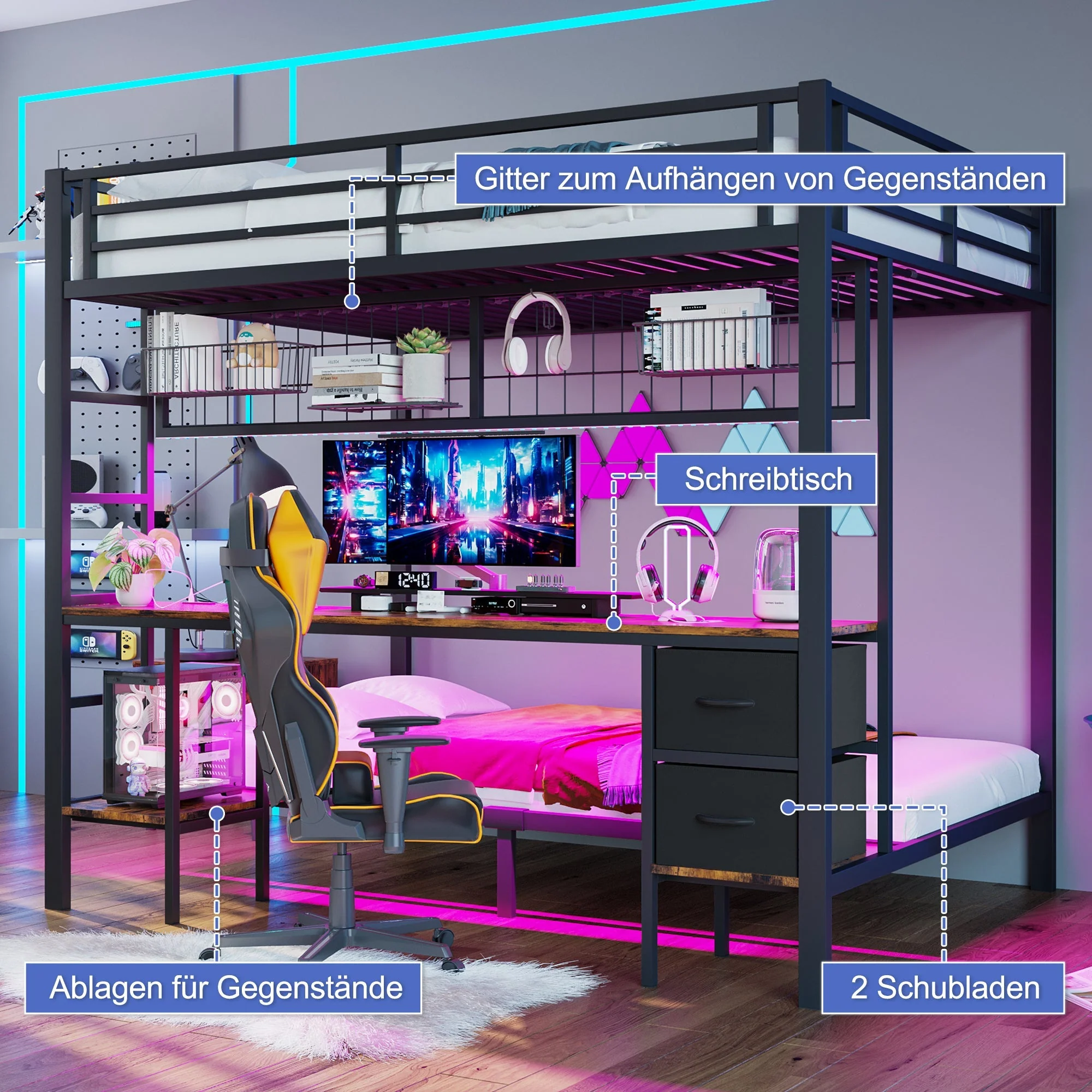 Loft Bed 90x200/140x200 Iron Frame Drawers Desk Storage LED USB Black - Image 2