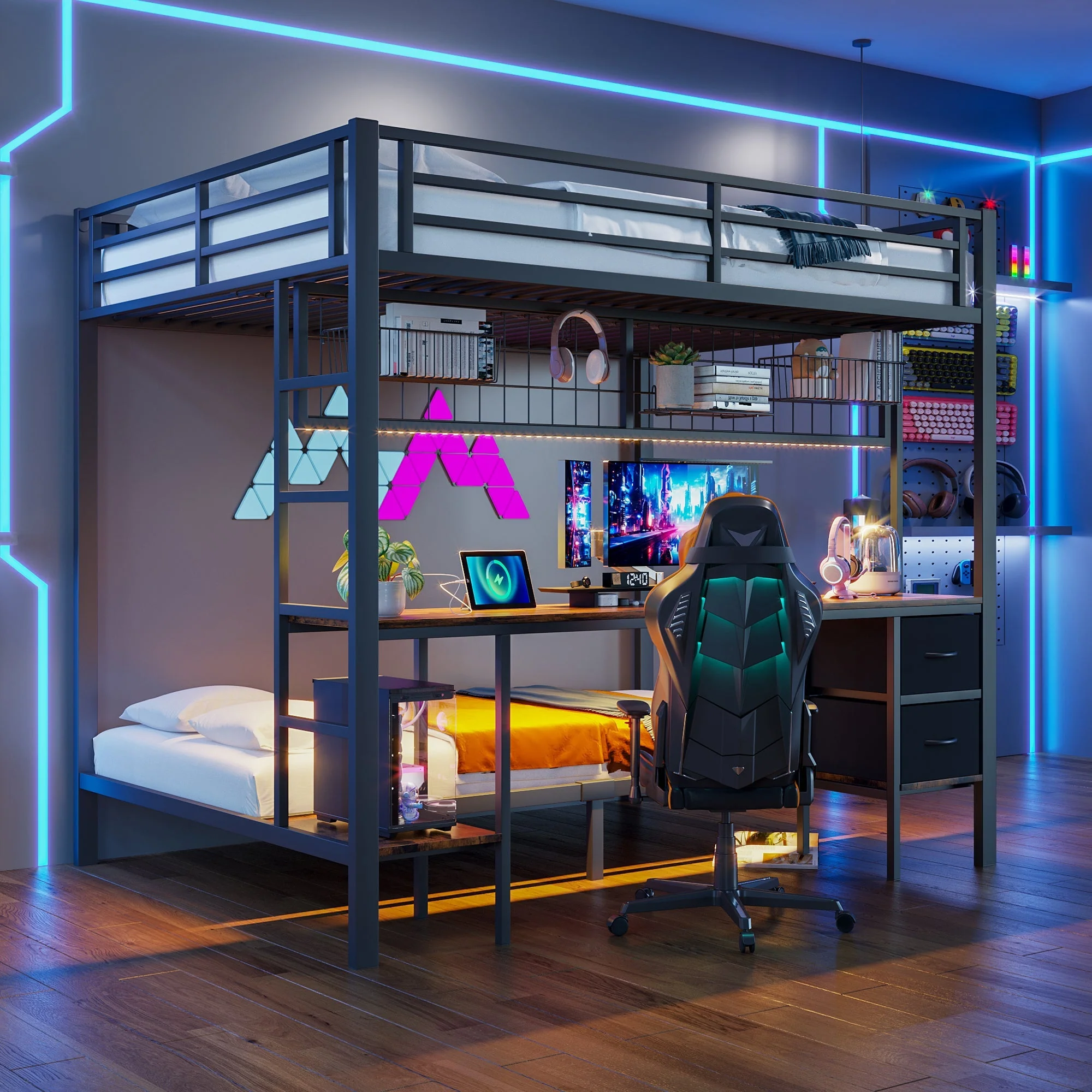 Loft Bed 90x200/140x200 Iron Frame Drawers Desk Storage LED USB Black - Image 3