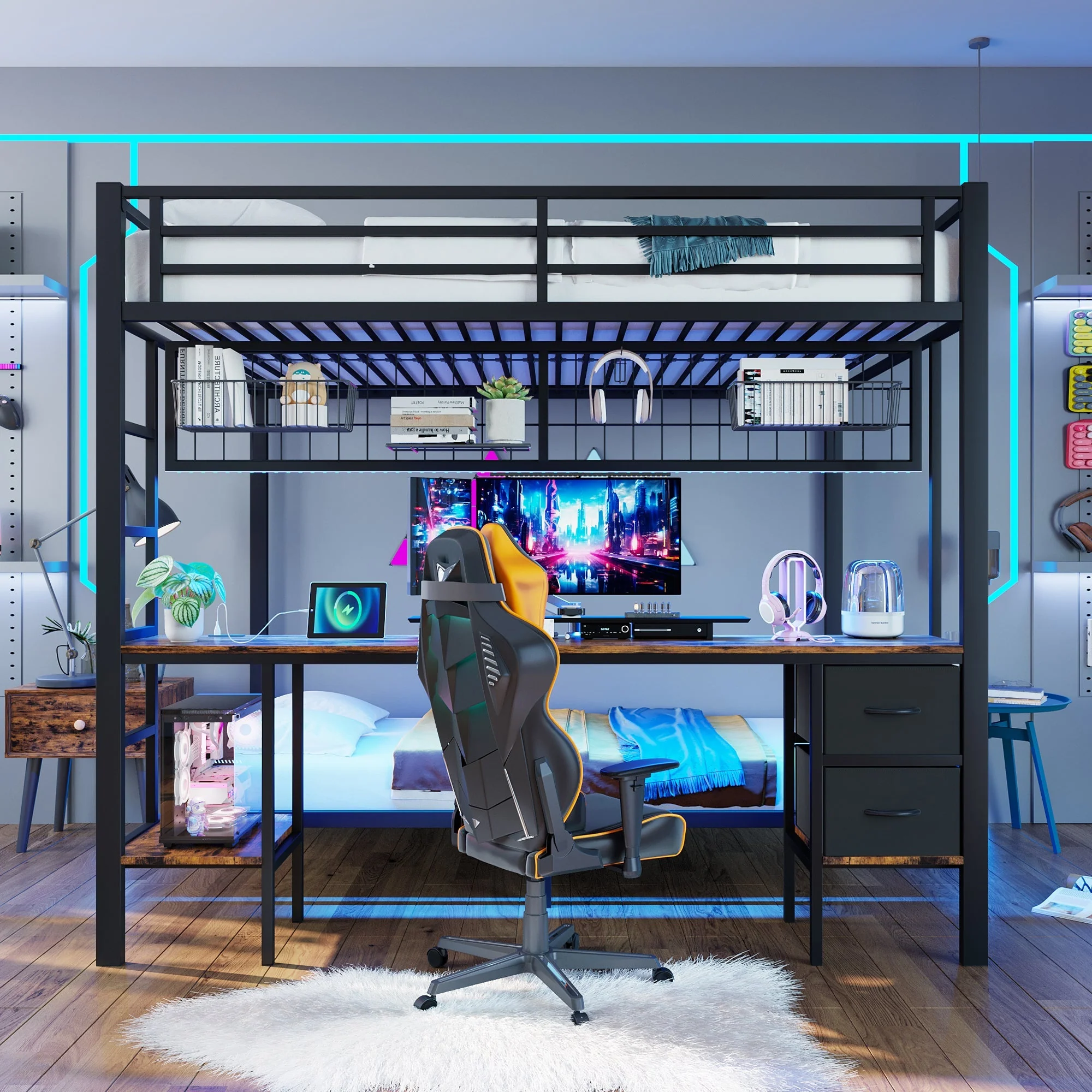 Loft Bed 90x200/140x200 Iron Frame Drawers Desk Storage LED USB Black - Image 4