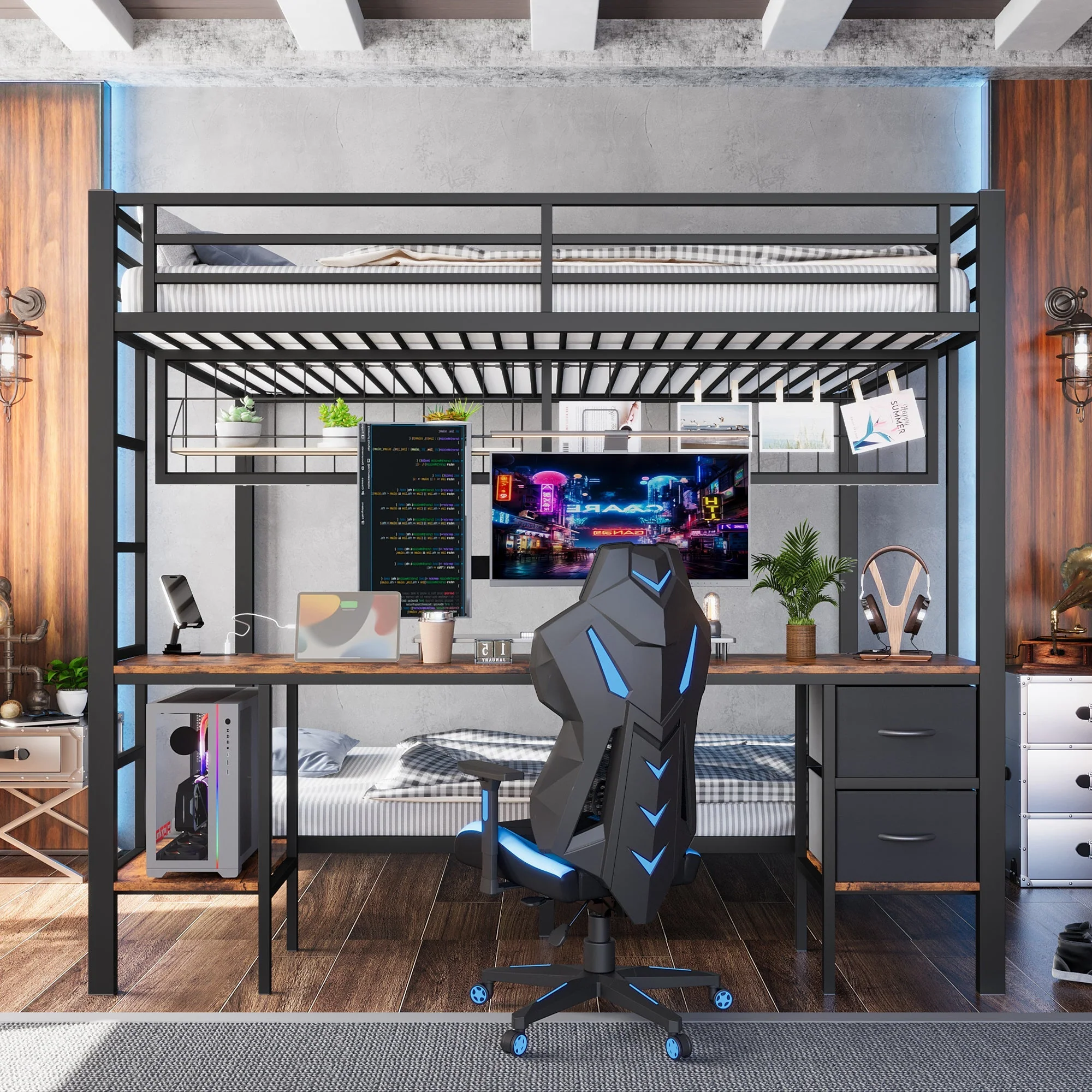 Loft Bed 90x200/140x200 Iron Frame Drawers Desk Storage LED USB Black - Image 7