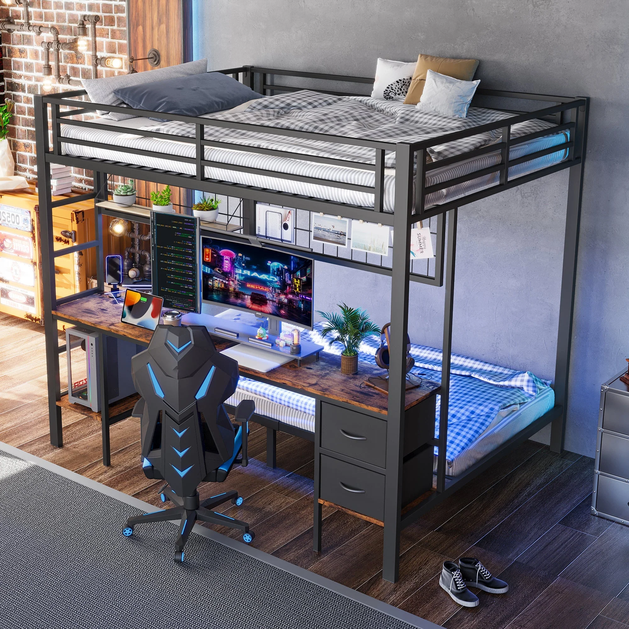 Loft Bed 90x200/140x200 Iron Frame Drawers Desk Storage LED USB Black - Image 9