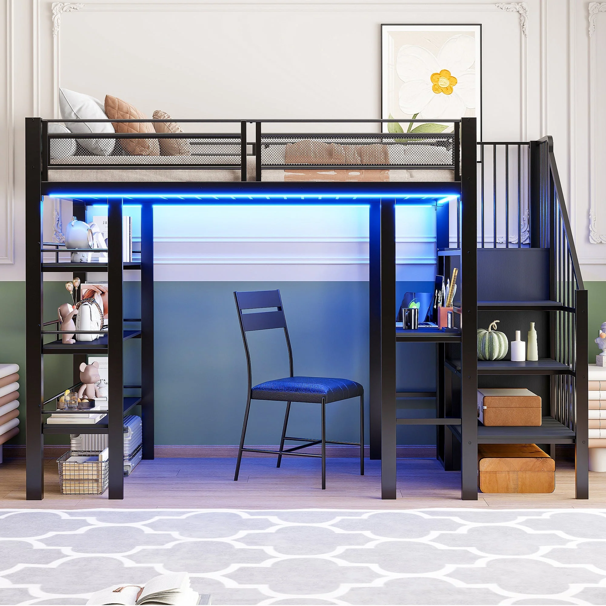 Loft Bed 90x200 LED Light Socket Storage Bookshelf - Black - Image 3