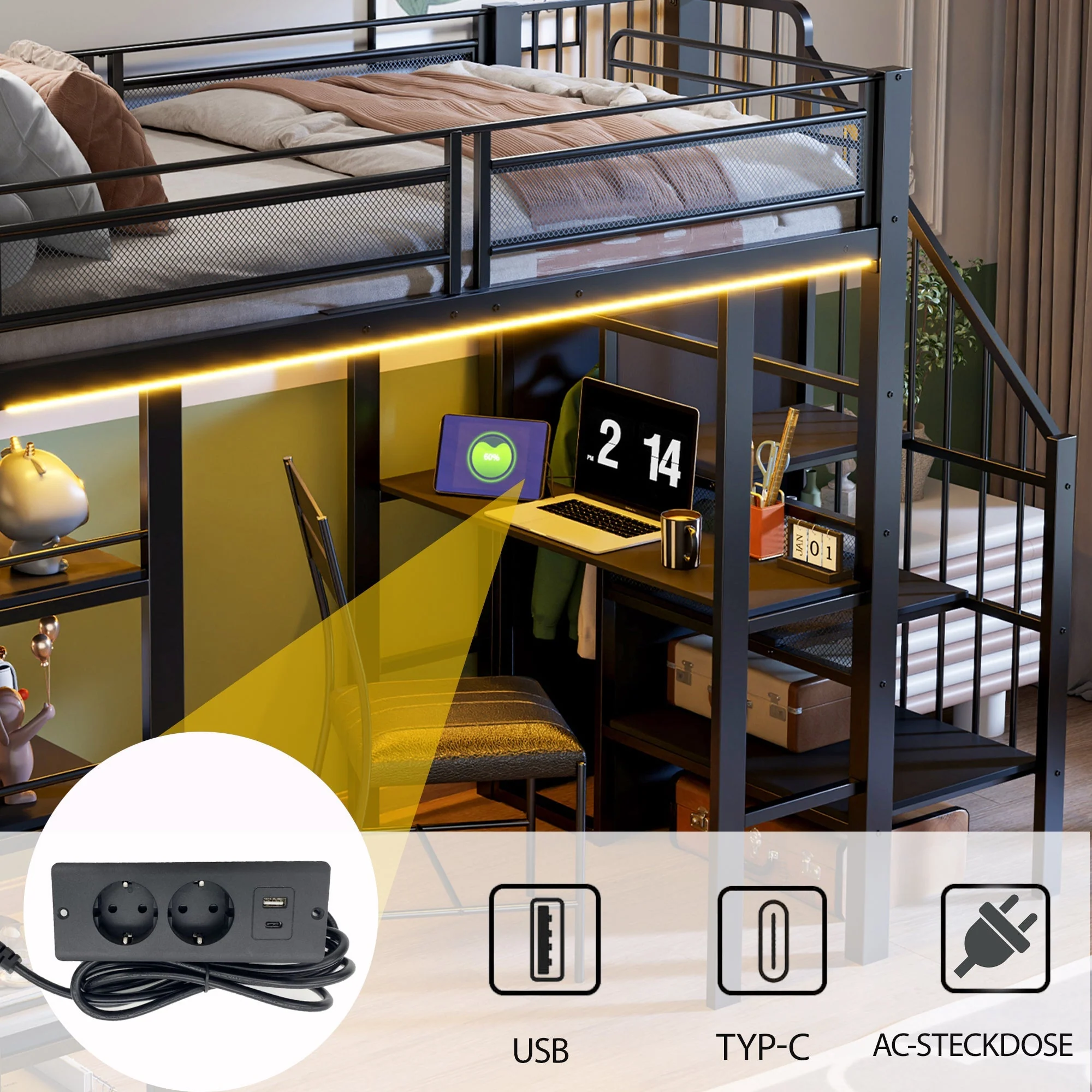 Loft Bed 90x200 LED Light Socket Storage Bookshelf - Black - Image 4