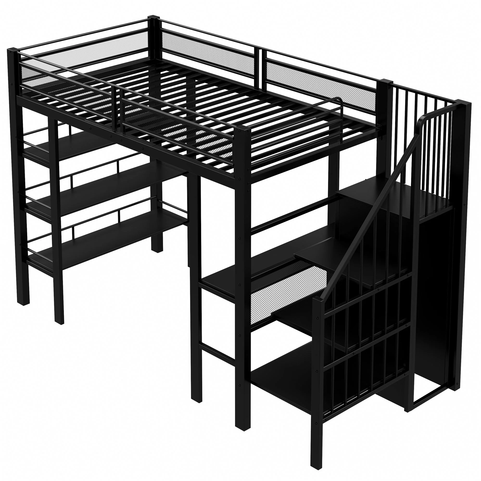 Loft Bed 90x200 LED Light Socket Storage Bookshelf - Black - Image 7