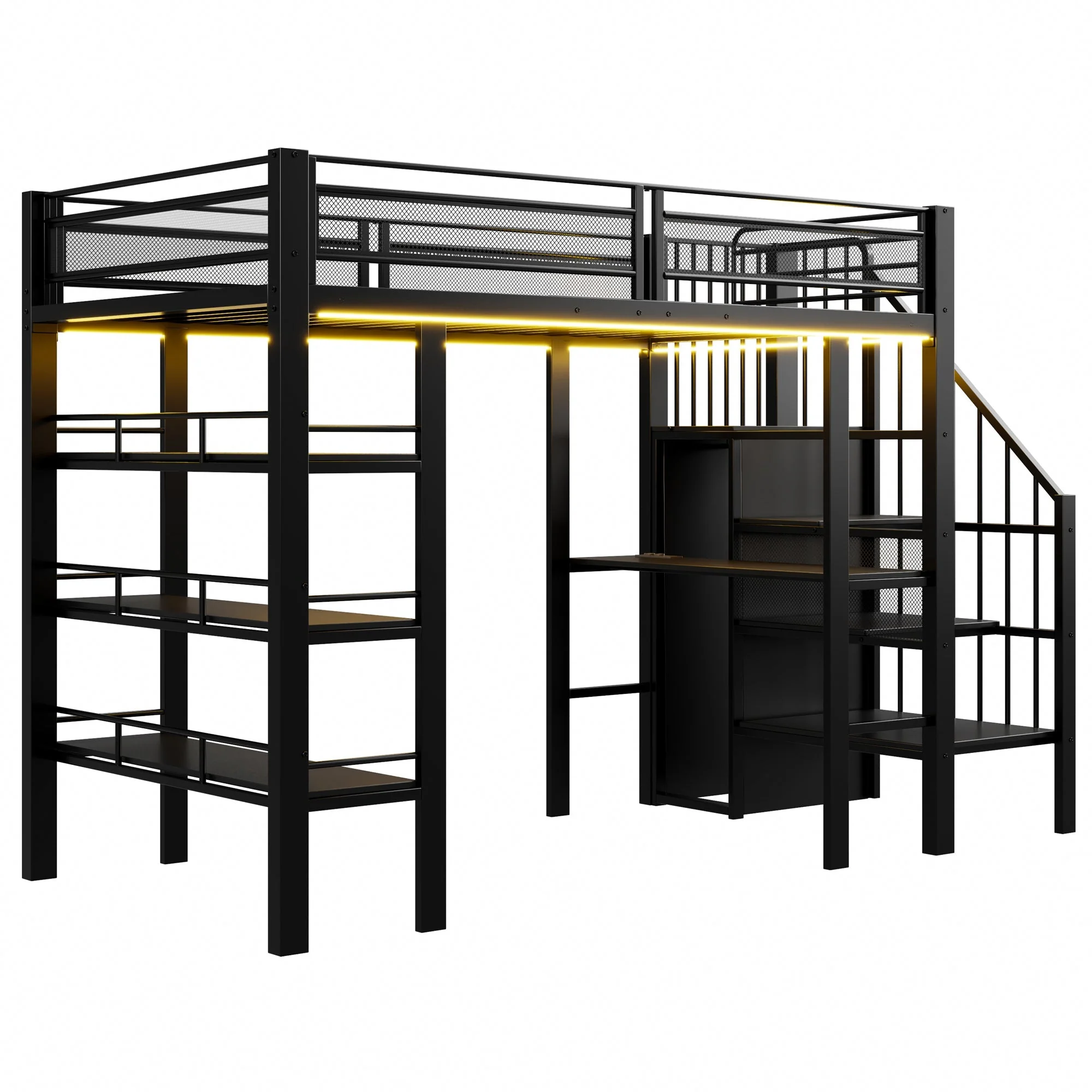 Loft Bed 90x200 LED Light Socket Storage Bookshelf - Black - Image 9