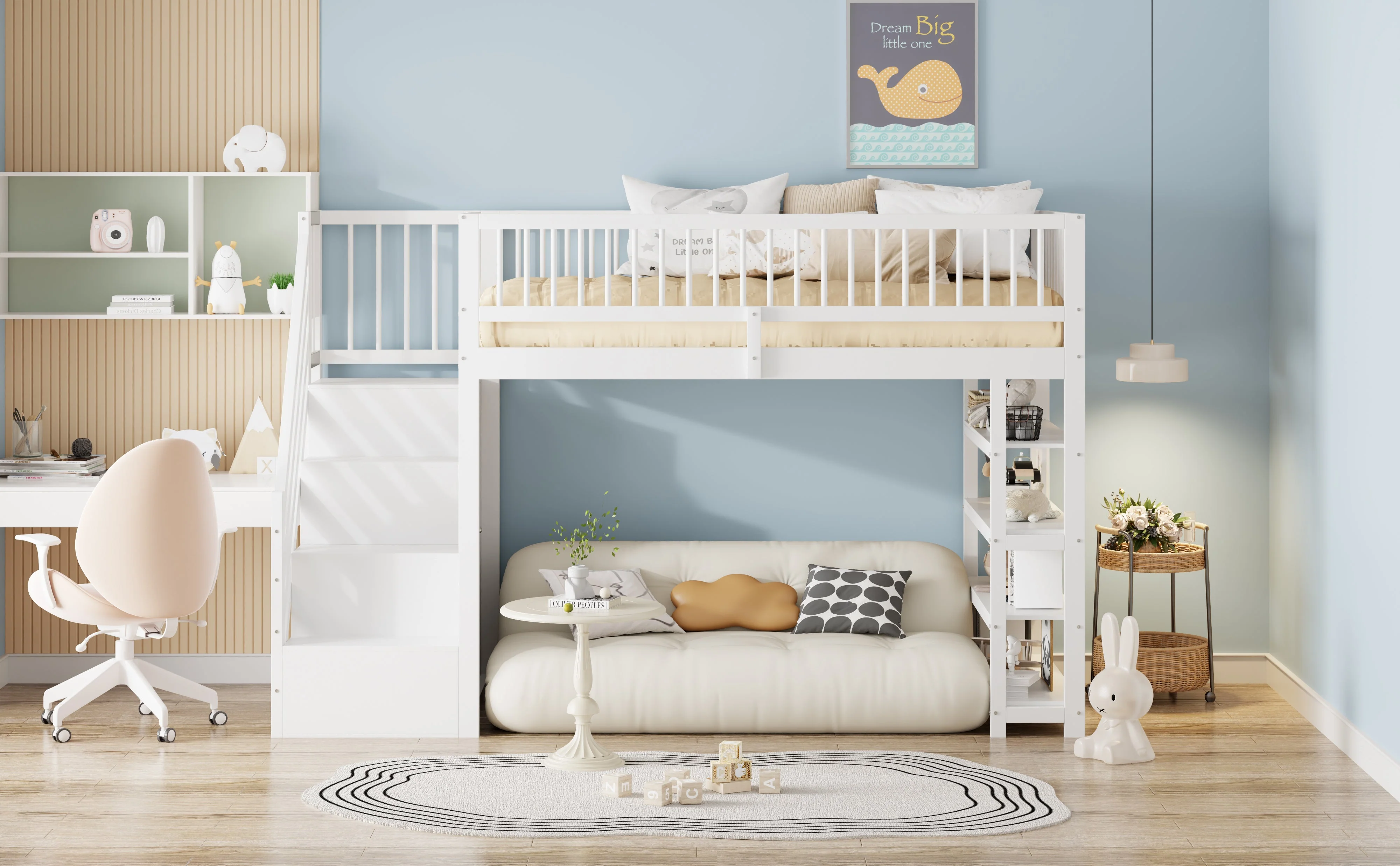 Loft Bed, 90x200 Multifunctional with Wardrobe, Shelves, Ladder, Solid Wood, White - Image 6