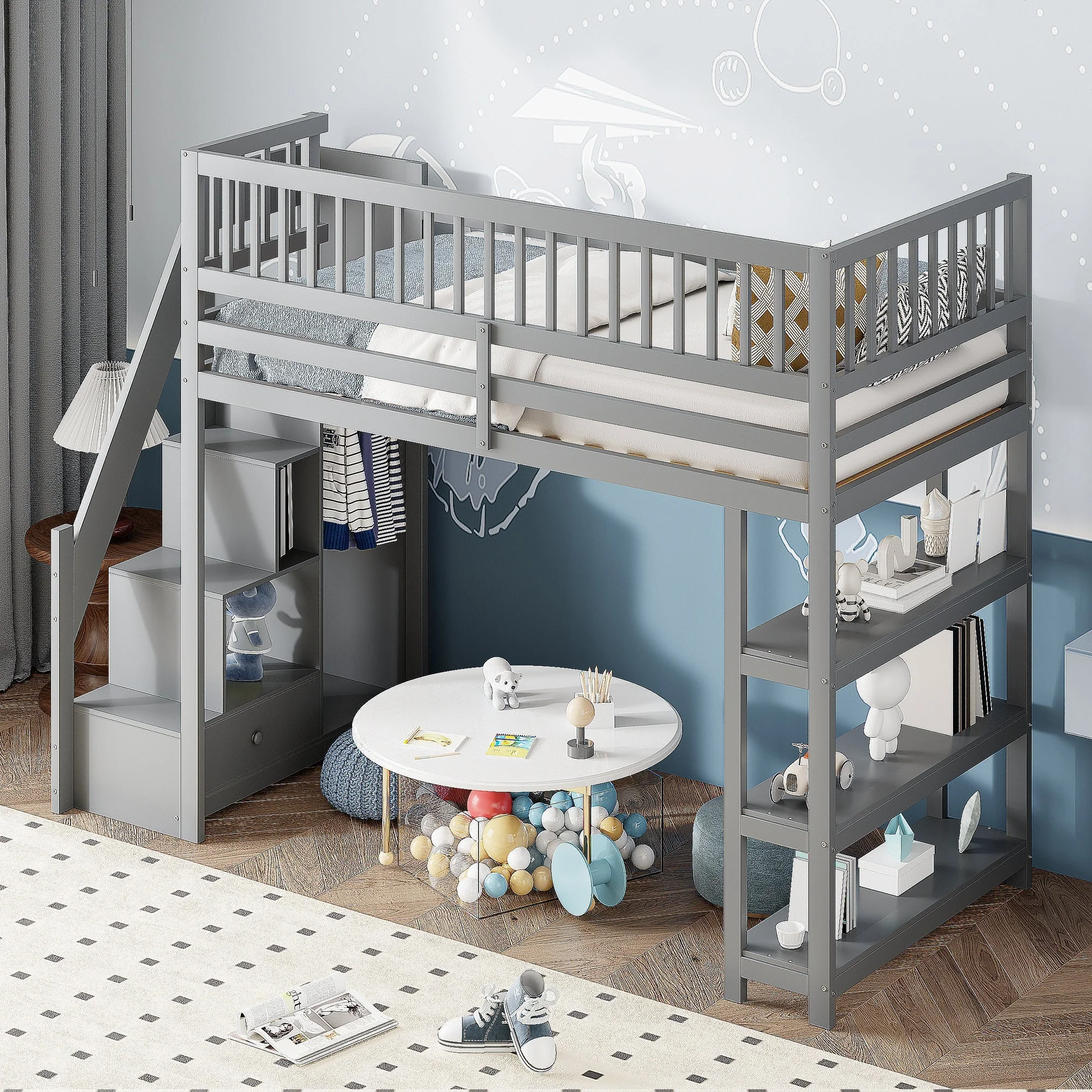 Loft Bed, 90x200 Multifunctional with Wardrobe & Storage, Grey Wooden - Image 3