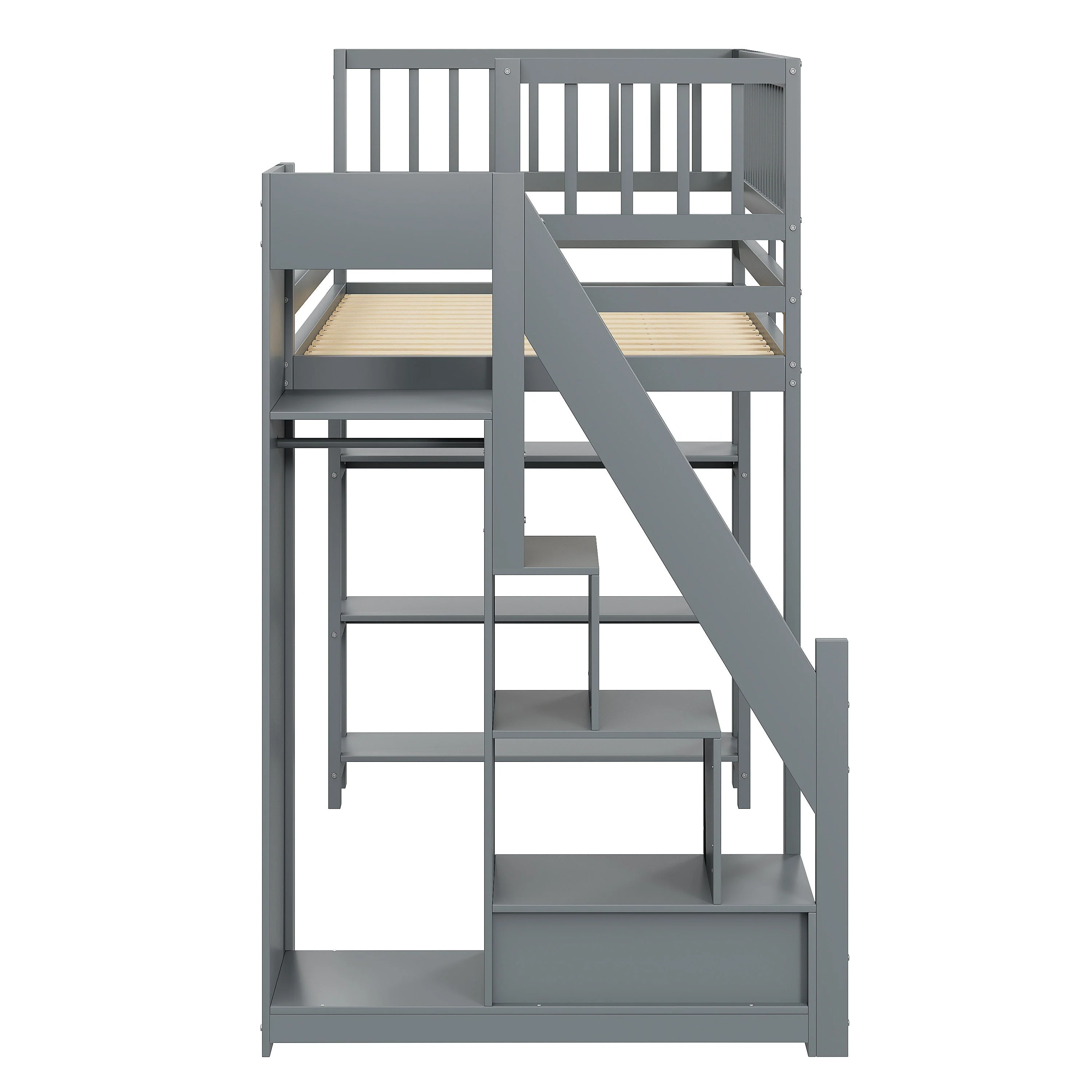 Loft Bed, 90x200 Multifunctional with Wardrobe & Storage, Grey Wooden - Image 7