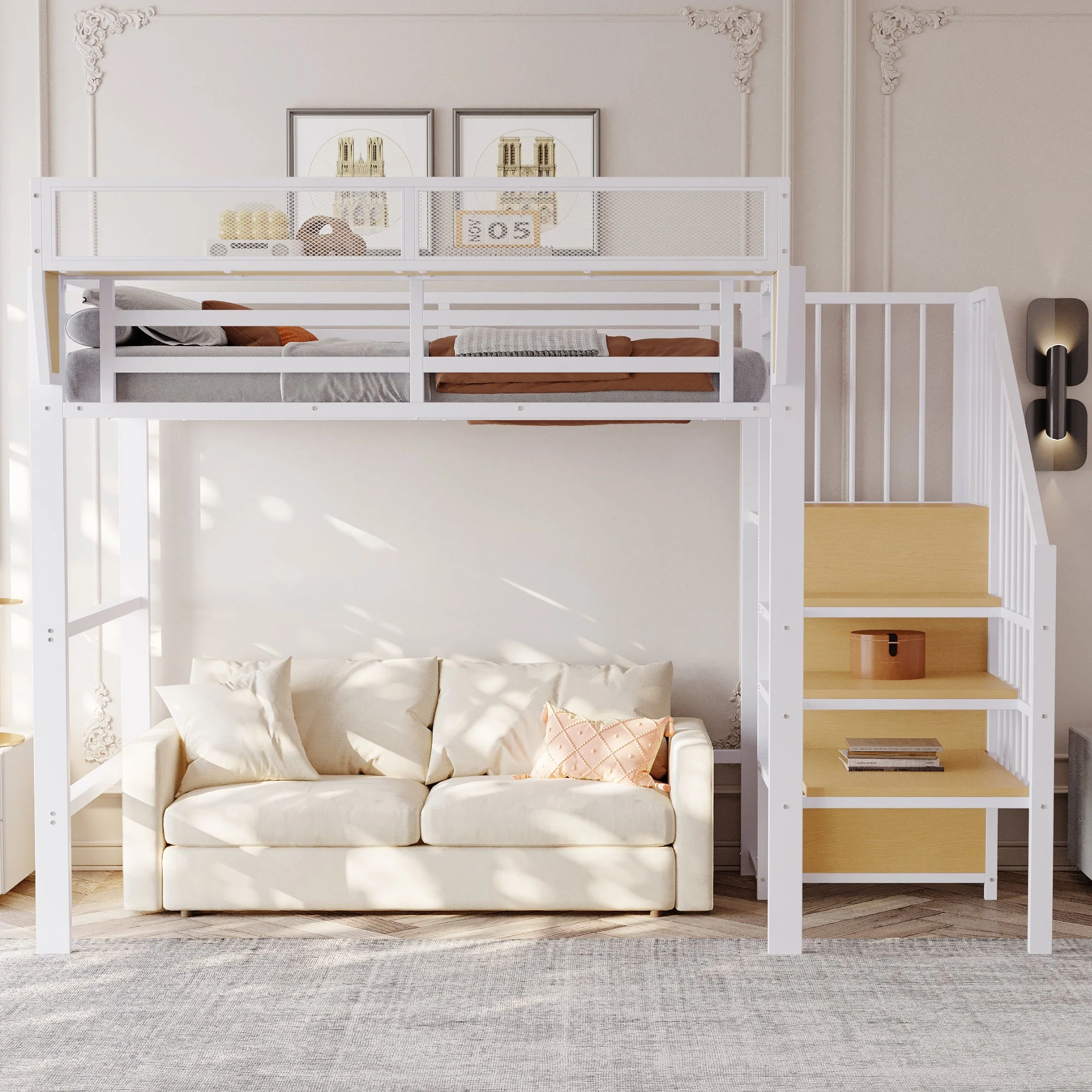 Loft Bed 90x200 Safety Ladder Storage Compartment Metal, White - Image 2