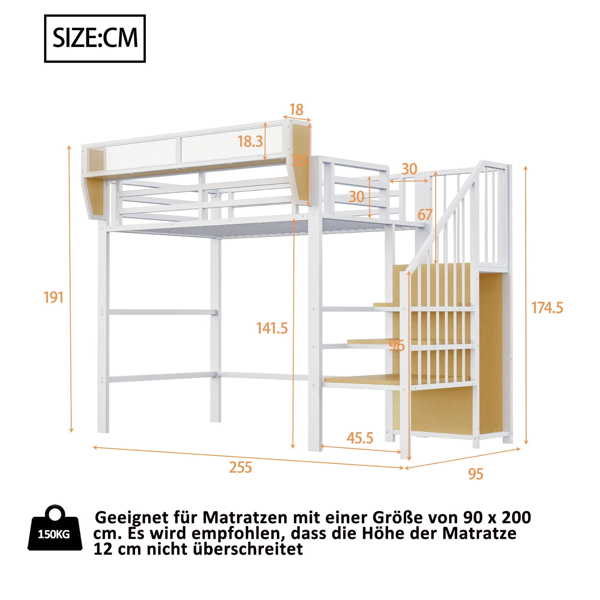 Loft Bed 90x200 Safety Ladder Storage Compartment Metal, White - Image 5
