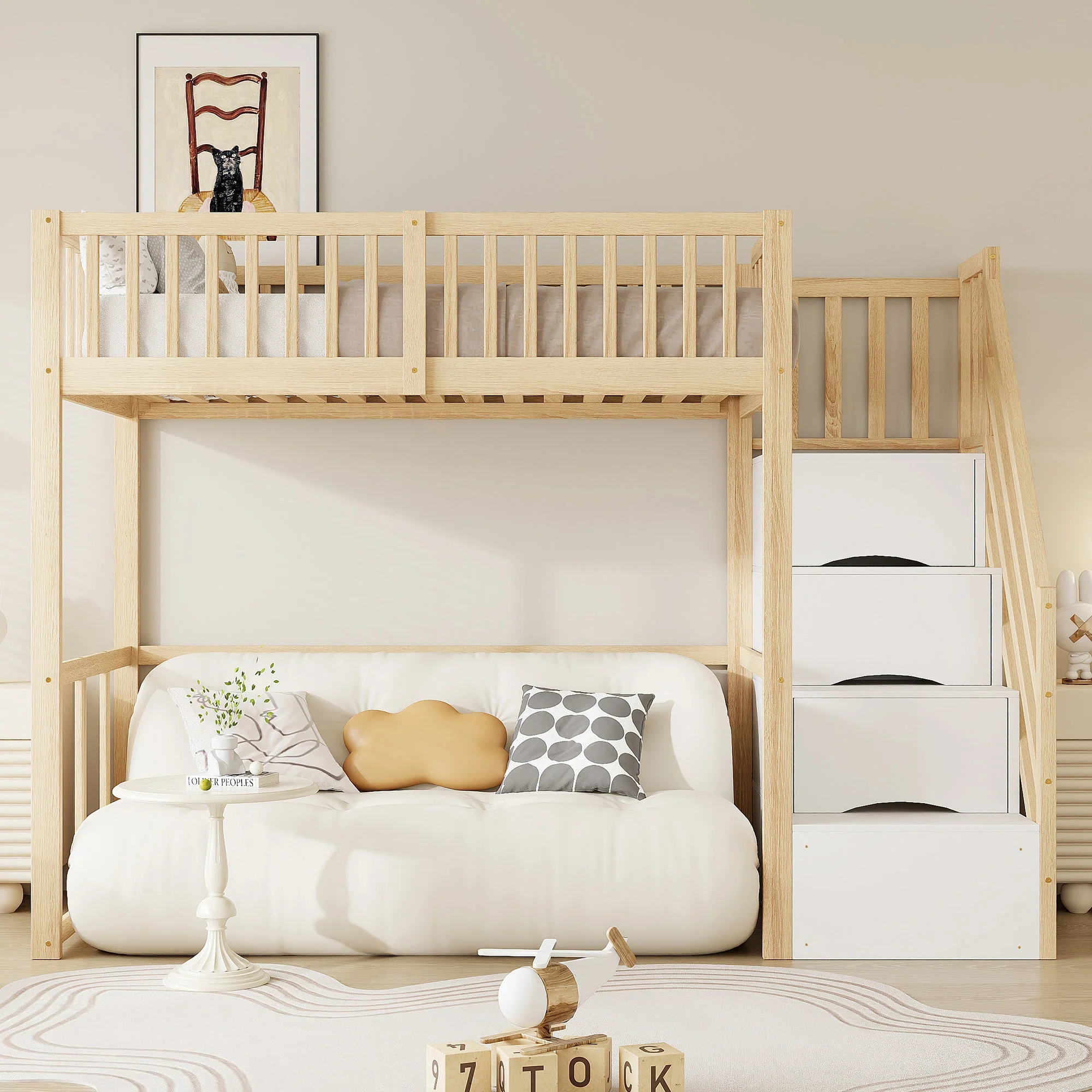 Loft Bed 90x200 Safety Storage Ladder, Solid Pine Wood - Image 2