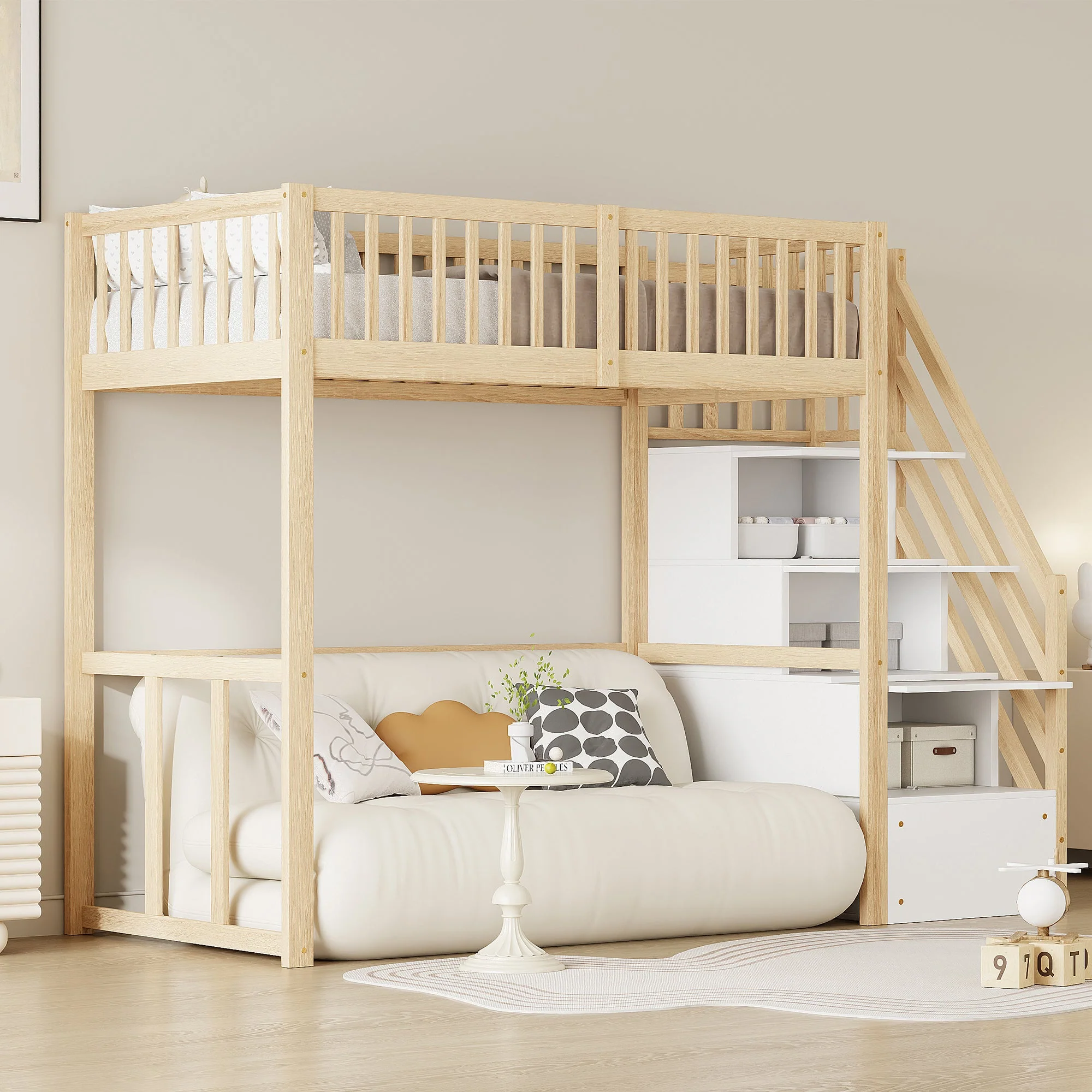 Loft Bed 90x200 Safety Storage Ladder, Solid Pine Wood - Image 3