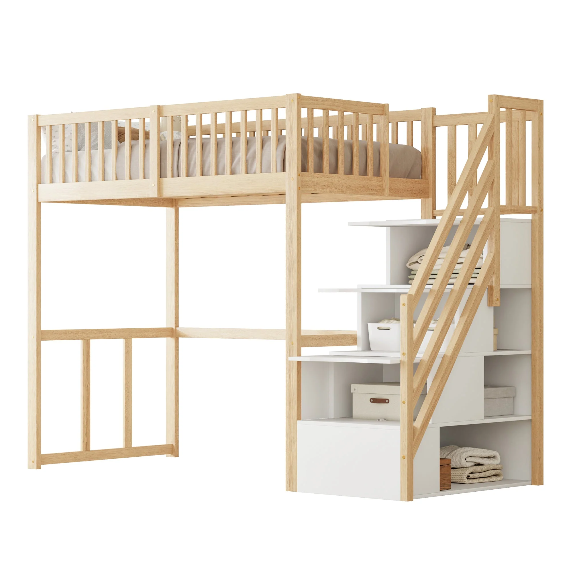 Loft Bed 90x200 Safety Storage Ladder, Solid Pine Wood - Image 4