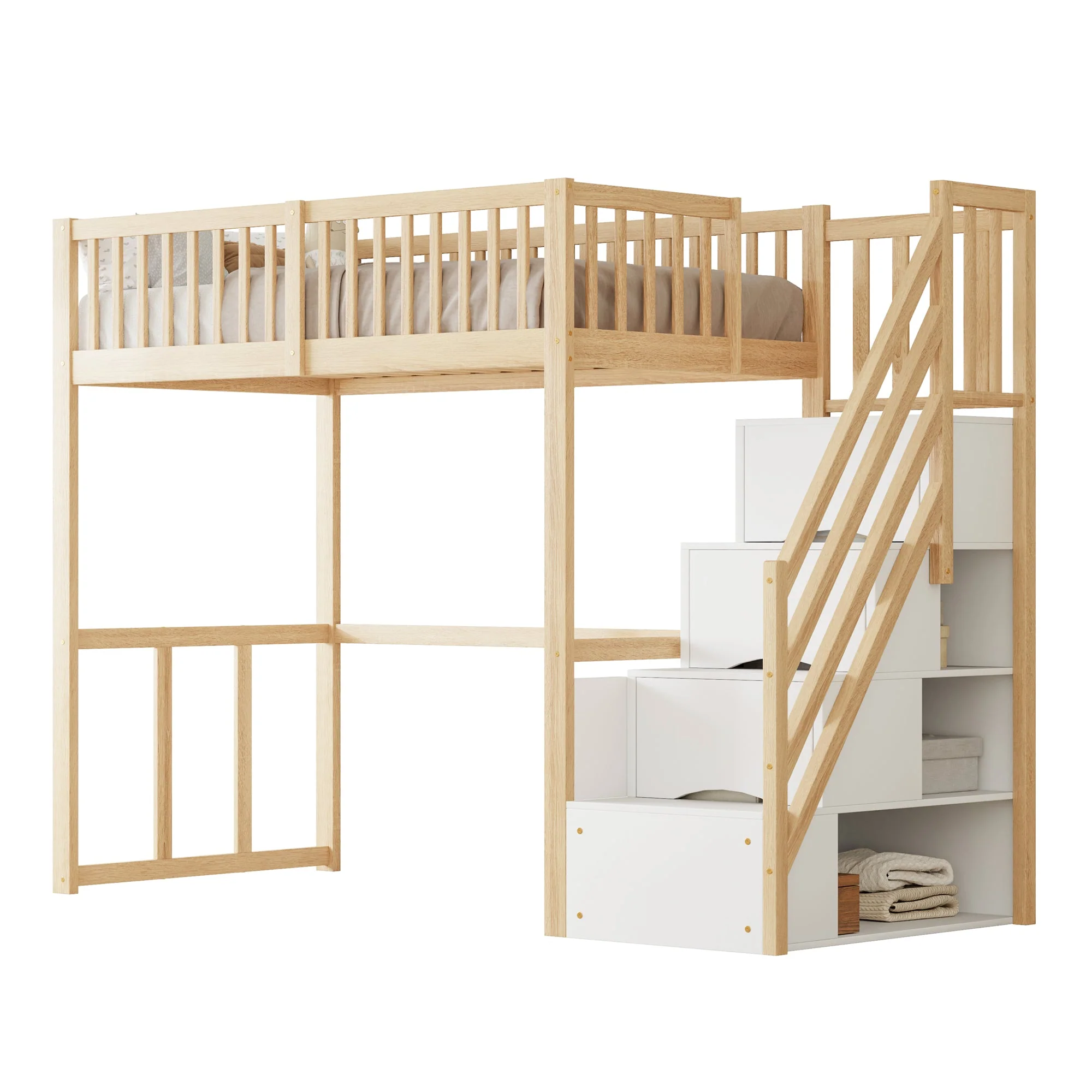 Loft Bed 90x200 Safety Storage Ladder, Solid Pine Wood - Image 5