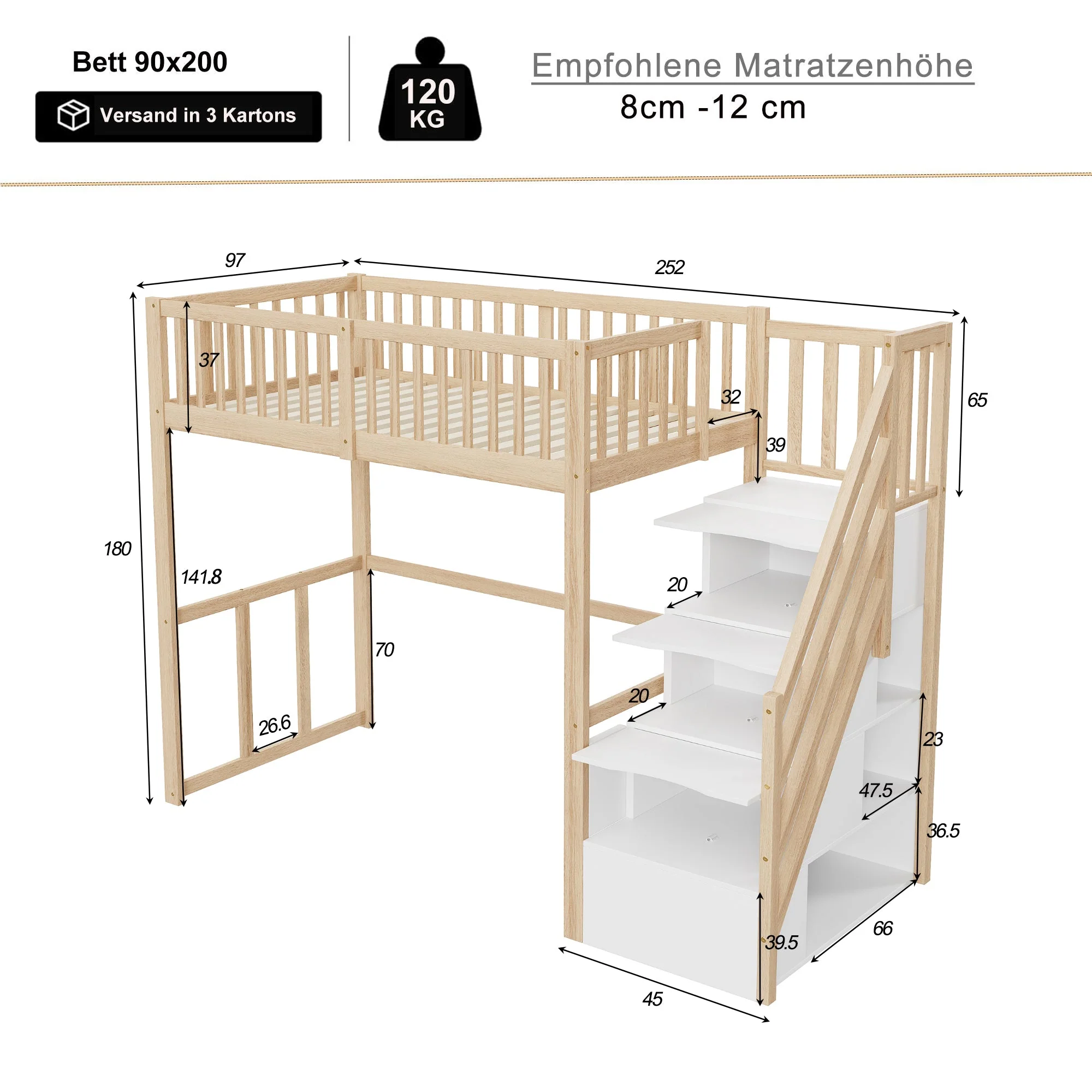 Loft Bed 90x200 Safety Storage Ladder, Solid Pine Wood - Image 7