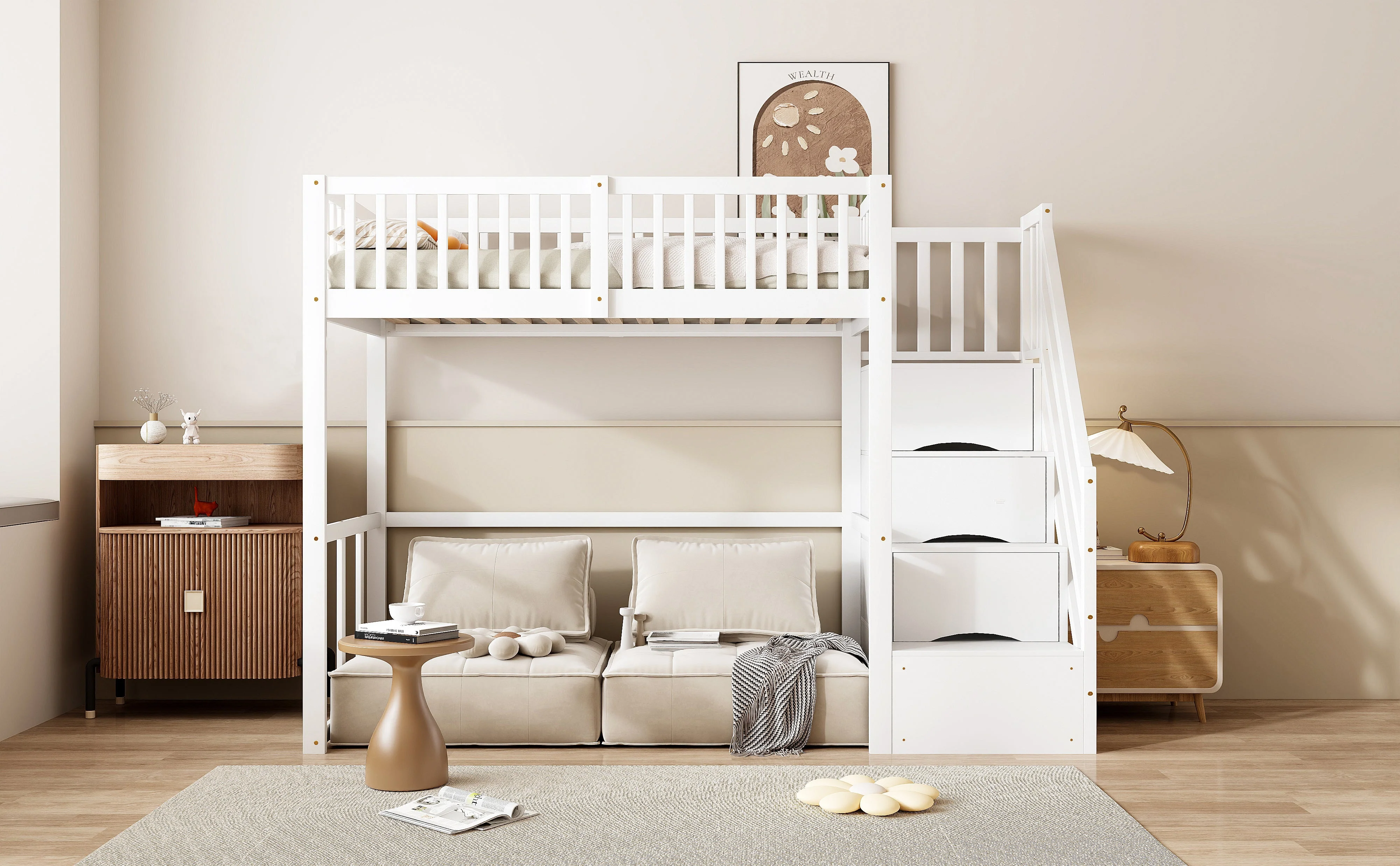 Loft Bed 90x200 Safety Storage Ladder Solid Pine Wood, White - Image 3