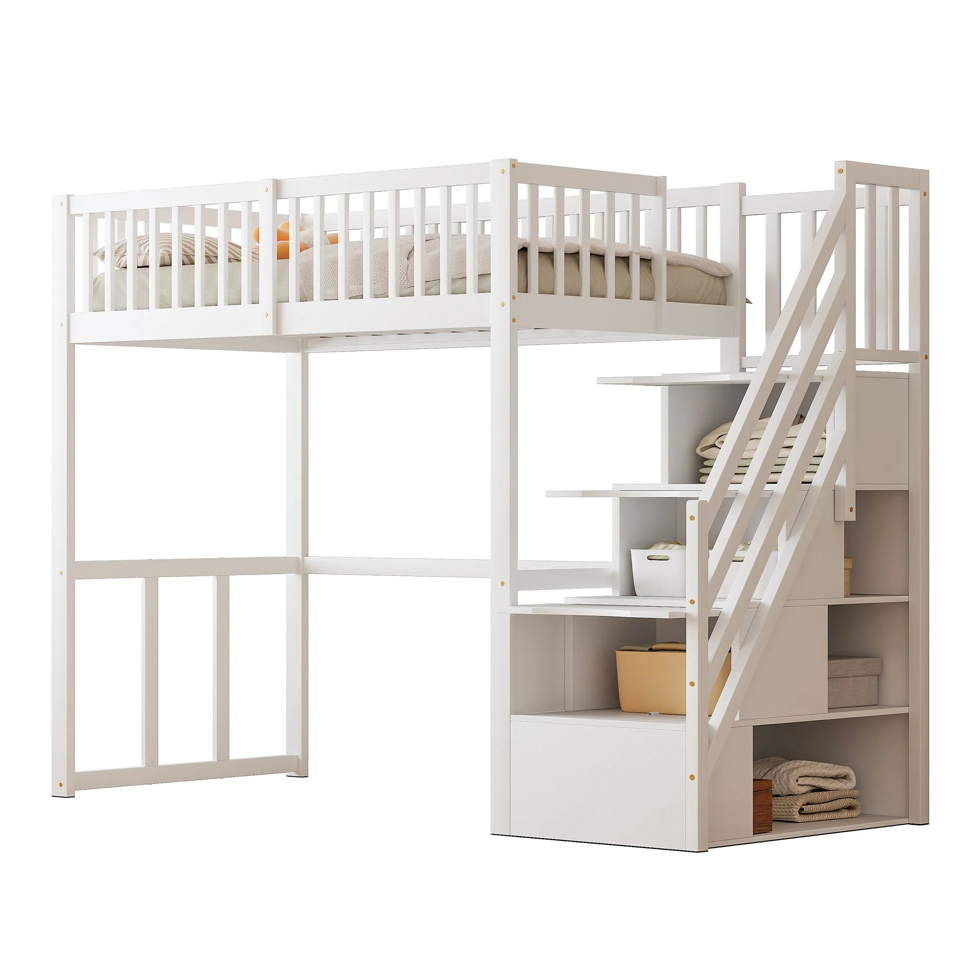Loft Bed 90x200 Safety Storage Ladder Solid Pine Wood, White - Image 5